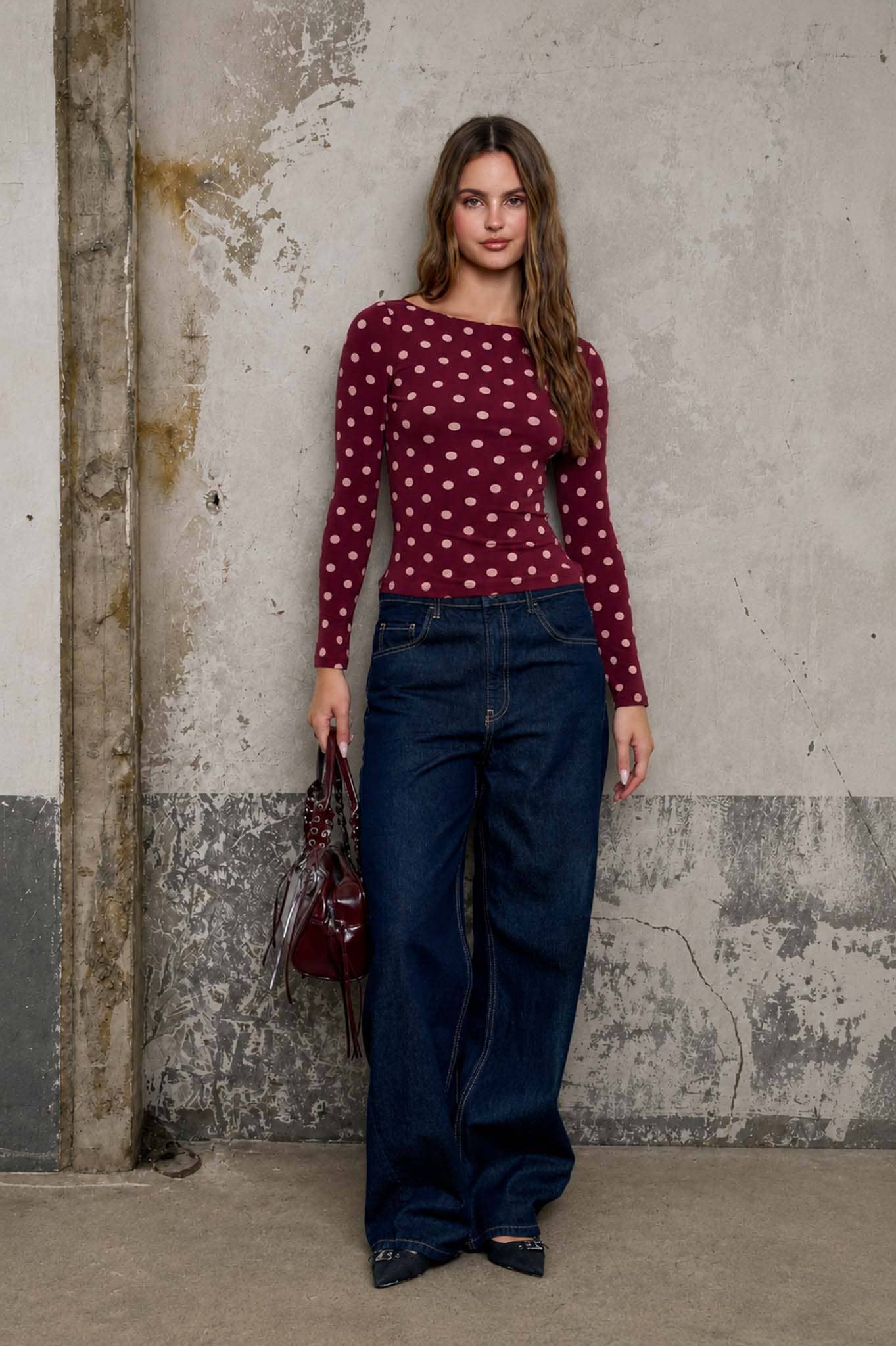 POLKA DOT BOAT NECK LONG SLEEVE KNIT TOP