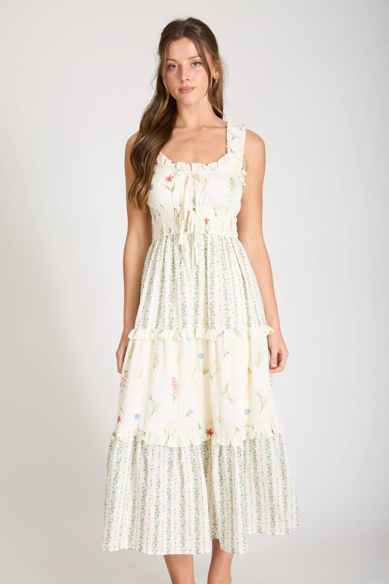FLORAL COLORBLOCK RUFFLED TIERED MIDI DRESS (PRE-ORDER)