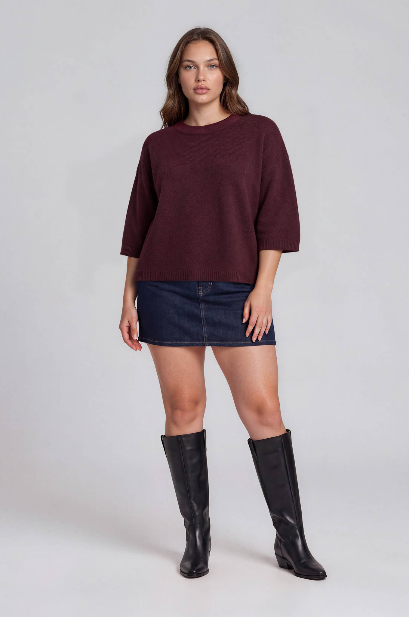 PLUS HEATHERED CREW NECK HALF SLEEVE BOXY PULLOVER