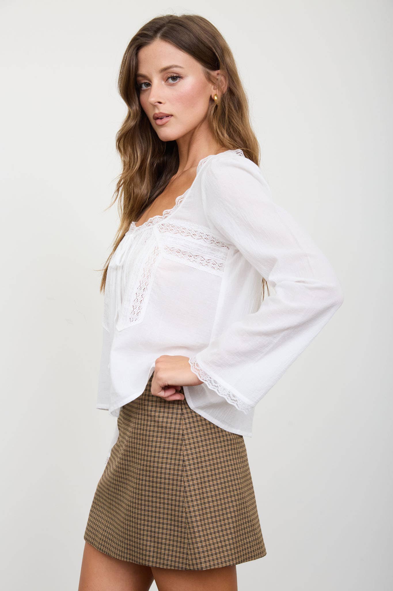 SCOOP NECK FRONT TIE LACE TRIM LONG SLEEVE TOP (PRE-ORDER)