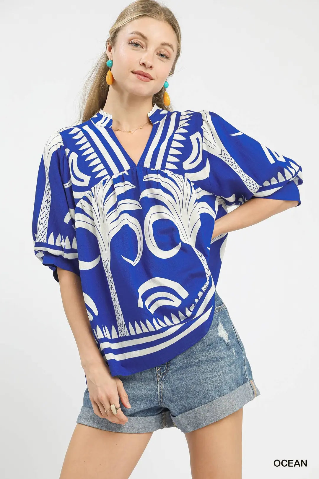 Folk Art Palm Print  Top