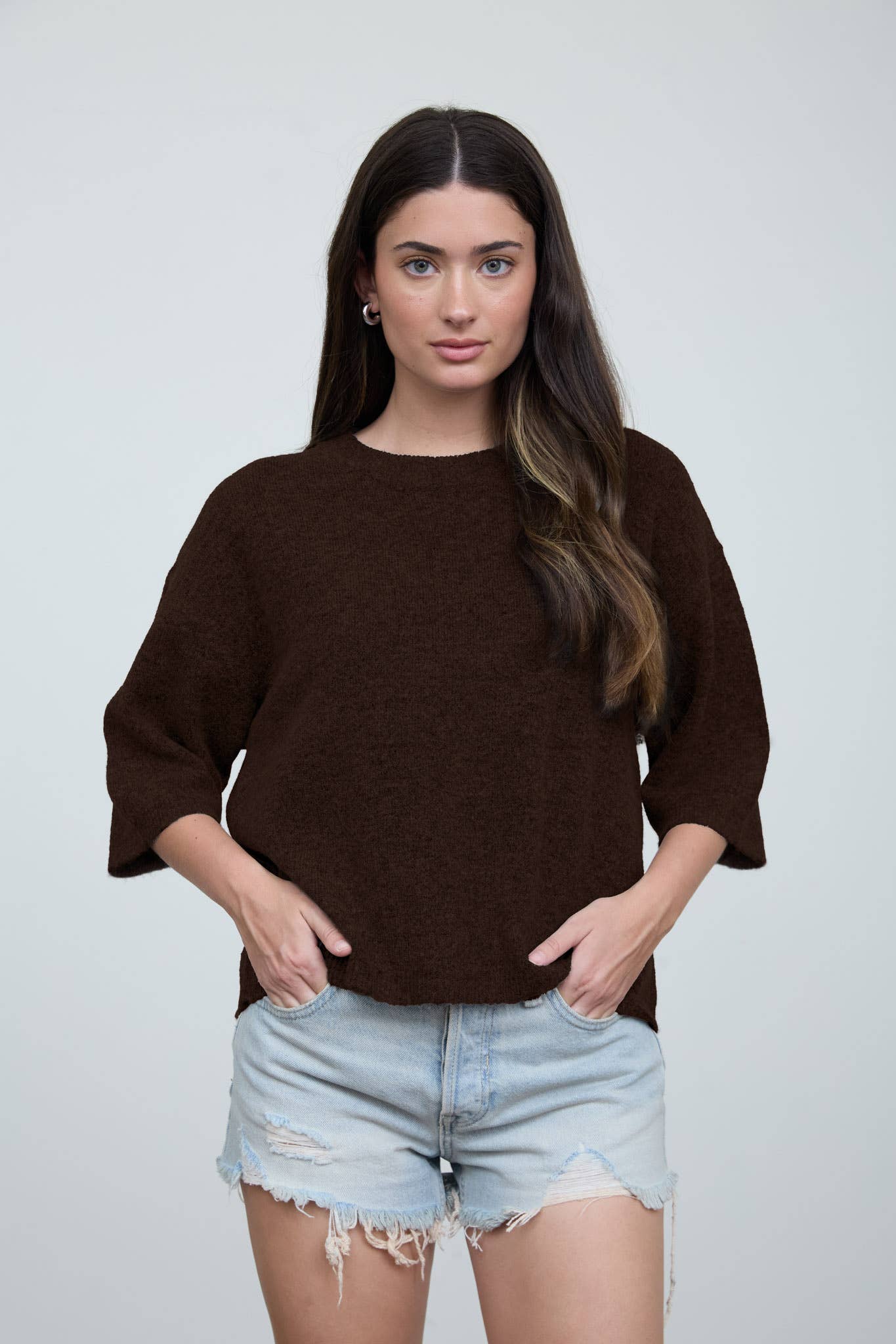 HEATHERED CREW NECK HALF SLEEVE BOXY PULLOVER