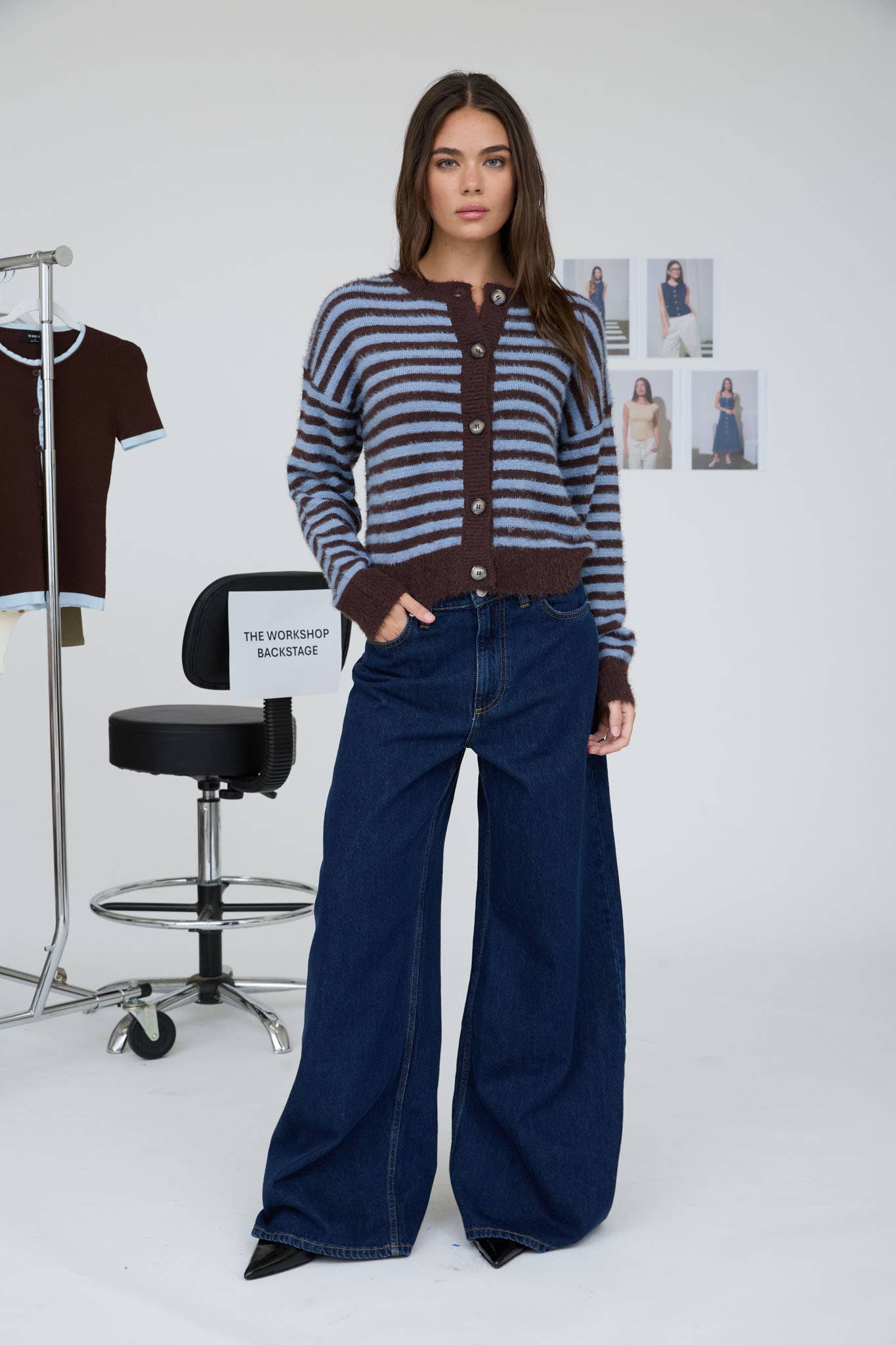 STRIPE ROUND NECK BUTTON DOWN FUZZY KNIT CARDIGAN