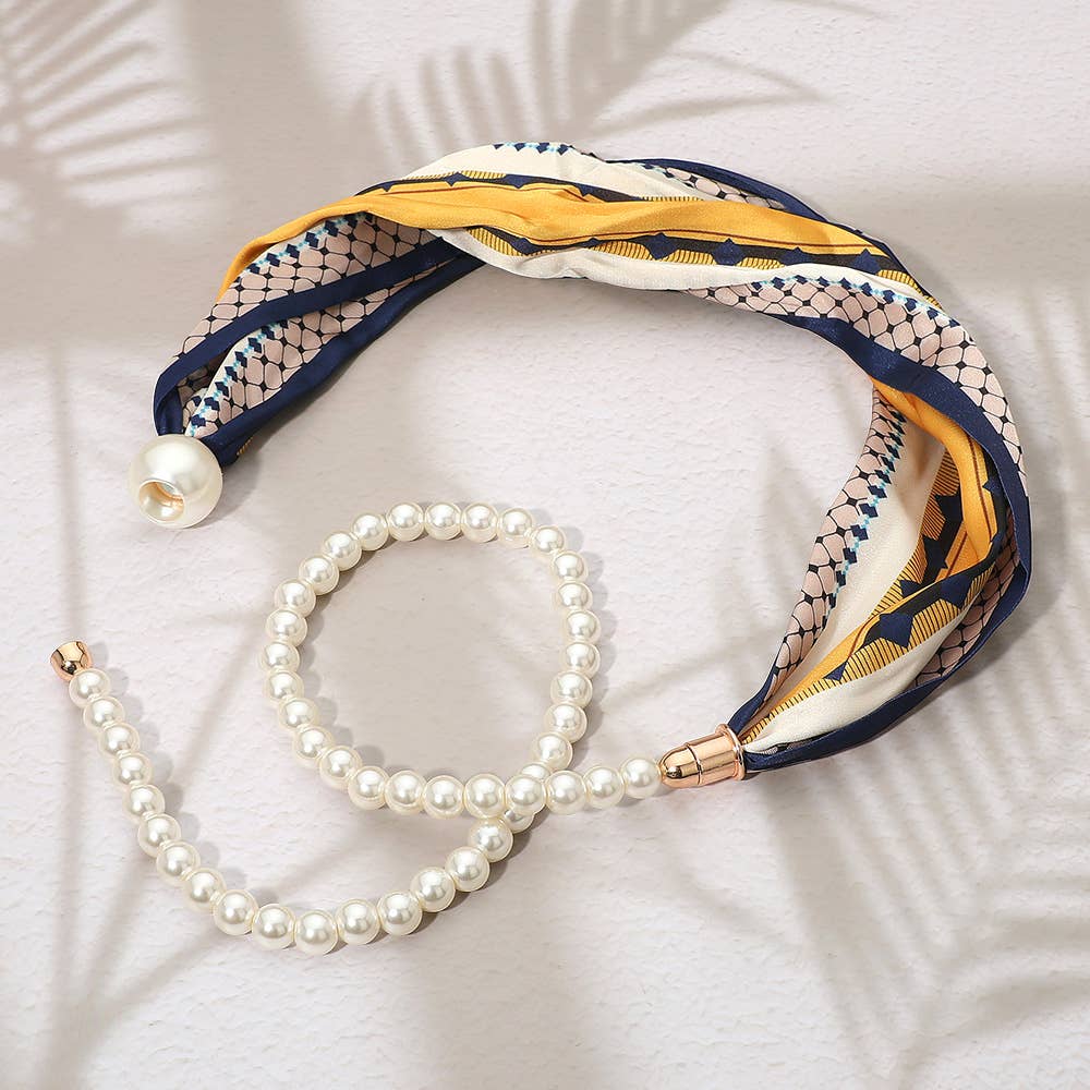 SECRET BOX_Pattern Print Fabric Scarf Pearl Magnetic Necklace