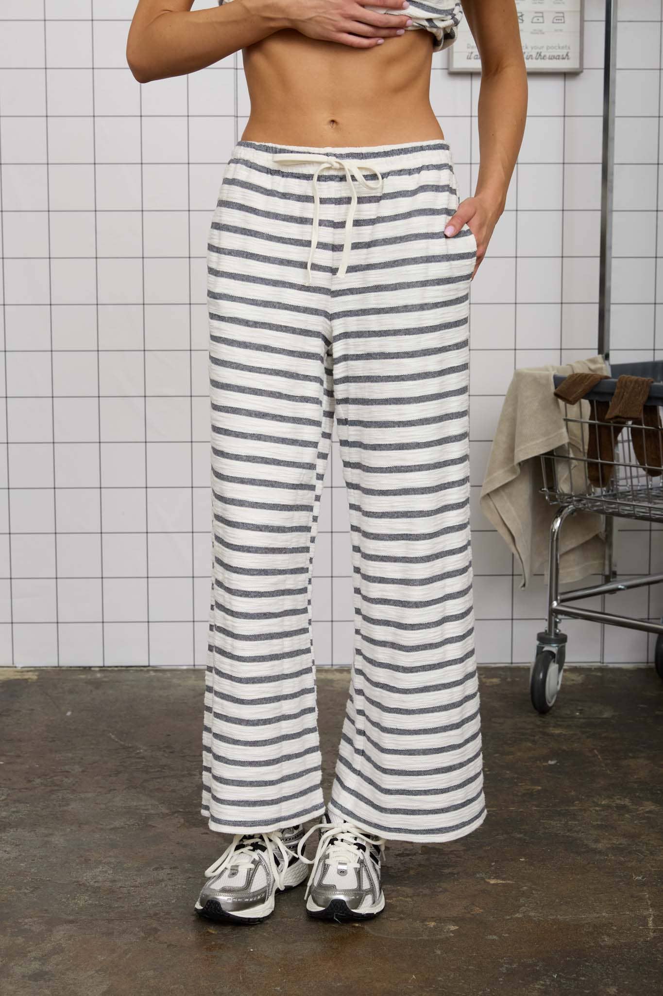 STRIPE DRAWSTRING WIDE LEG KNIT LOUNGE PANTS (PRE-ORDER)