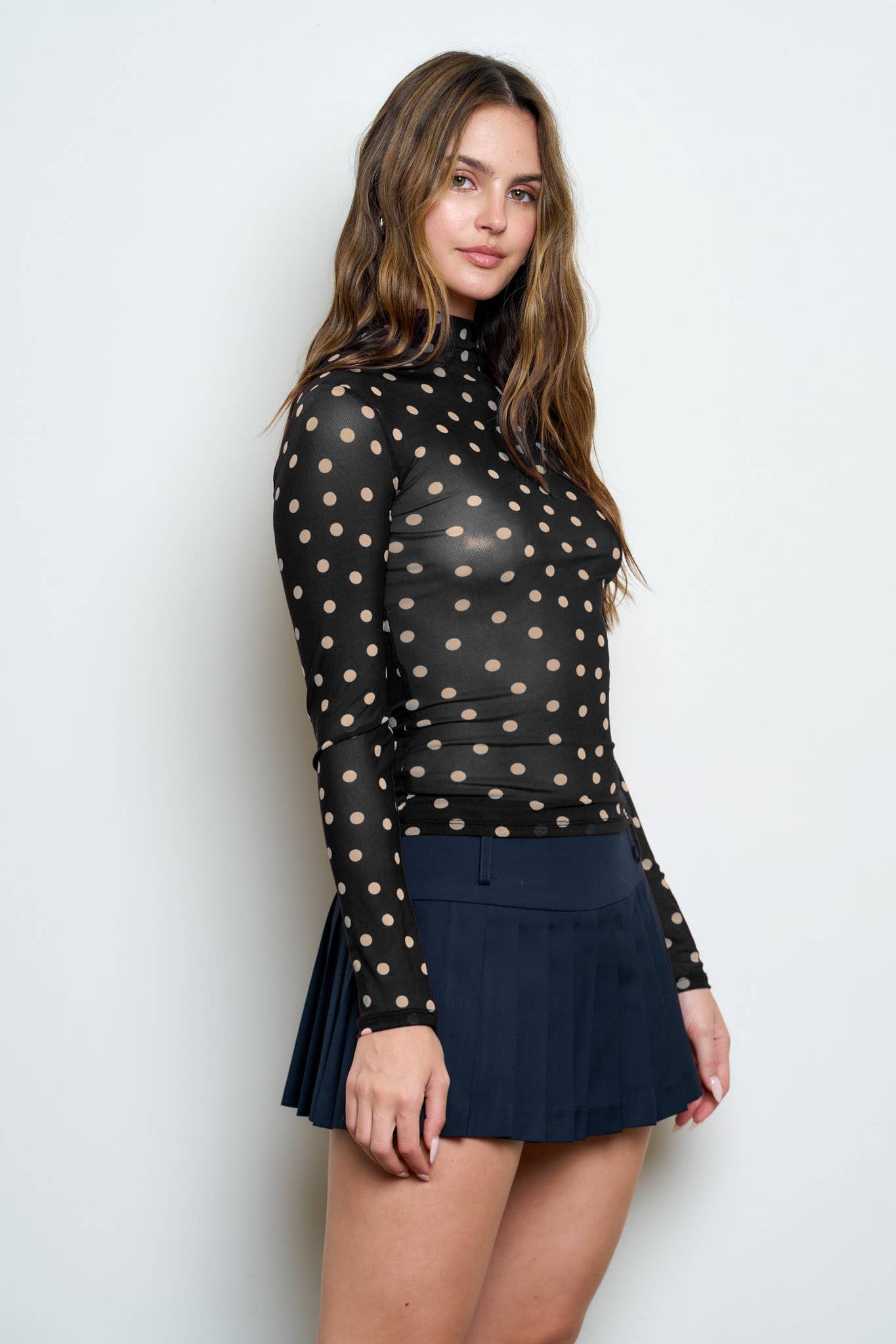 POLKA DOT MESH MOCK NECK LONG SLEEVE KNIT TOP