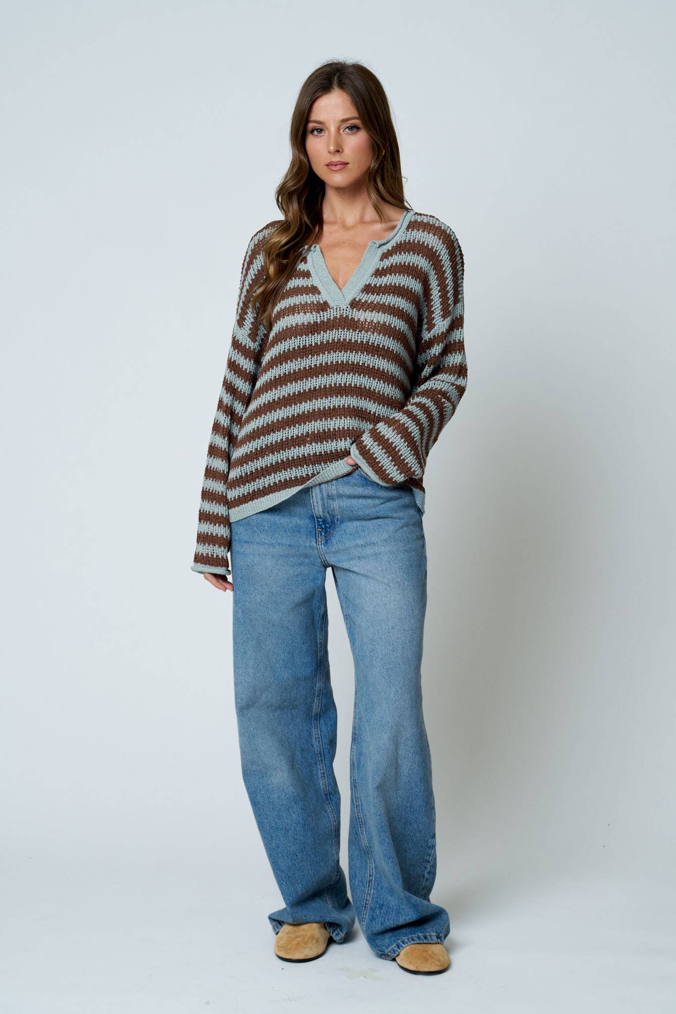 STRIPE RAW EDGE SPLIT NECK SHEER KNIT SWEATER