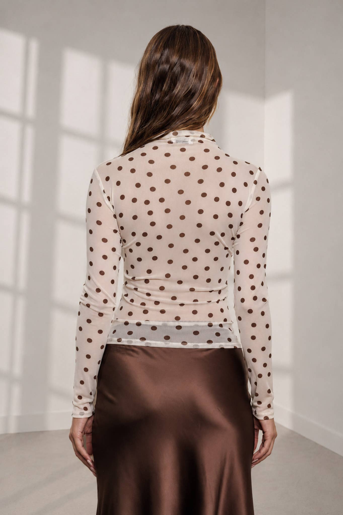 POLKA DOT MESH MOCK NECK LONG SLEEVE KNIT TOP