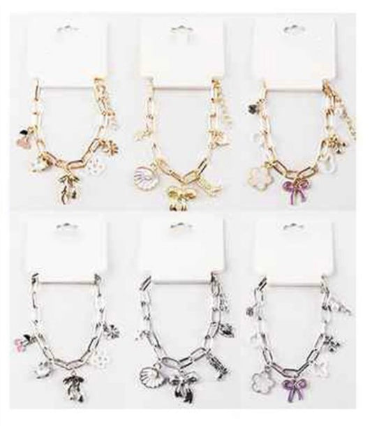 Assorted Cherry, bow, flower, clover, stone charm bracelets
