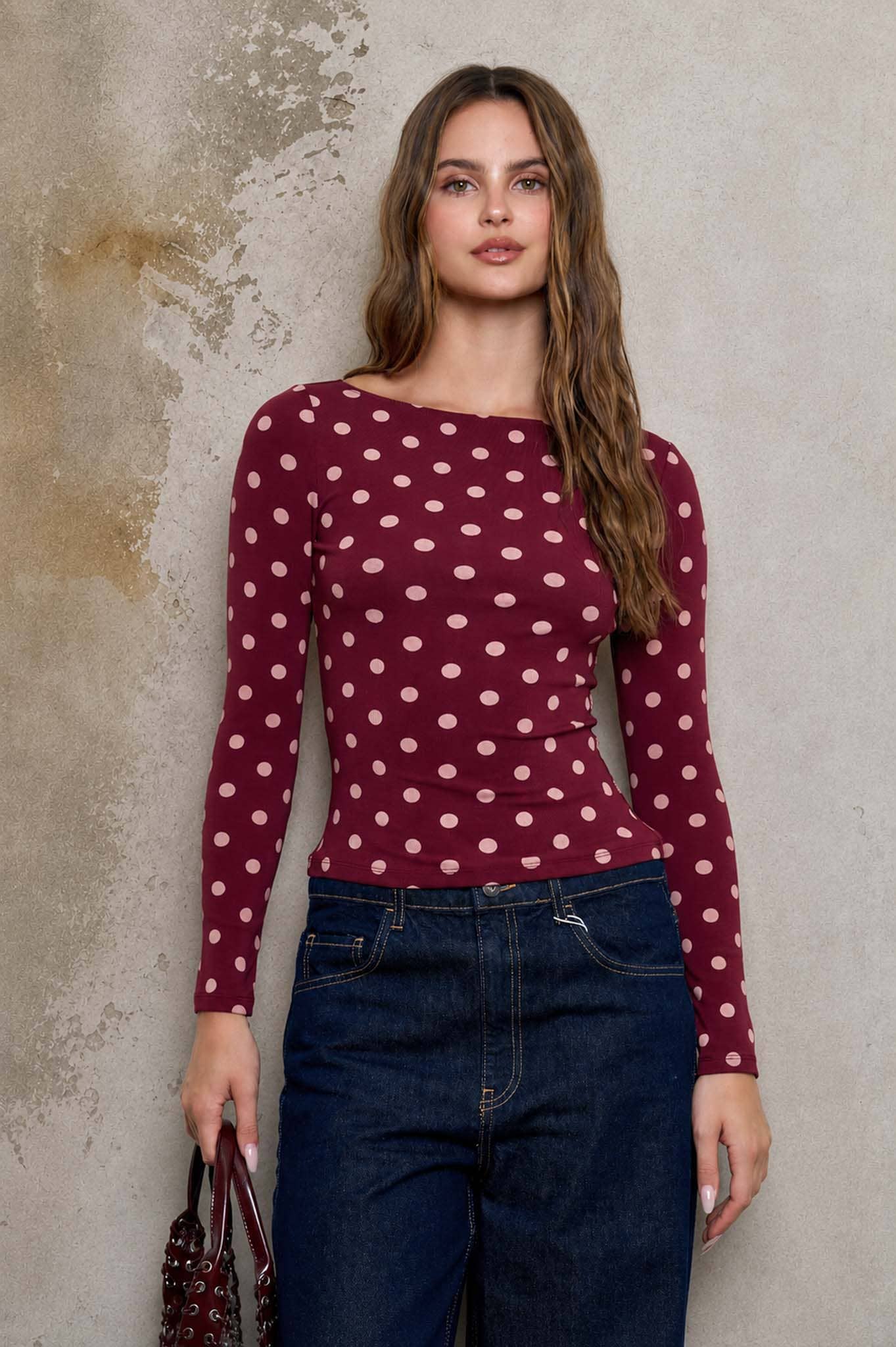 POLKA DOT BOAT NECK LONG SLEEVE KNIT TOP