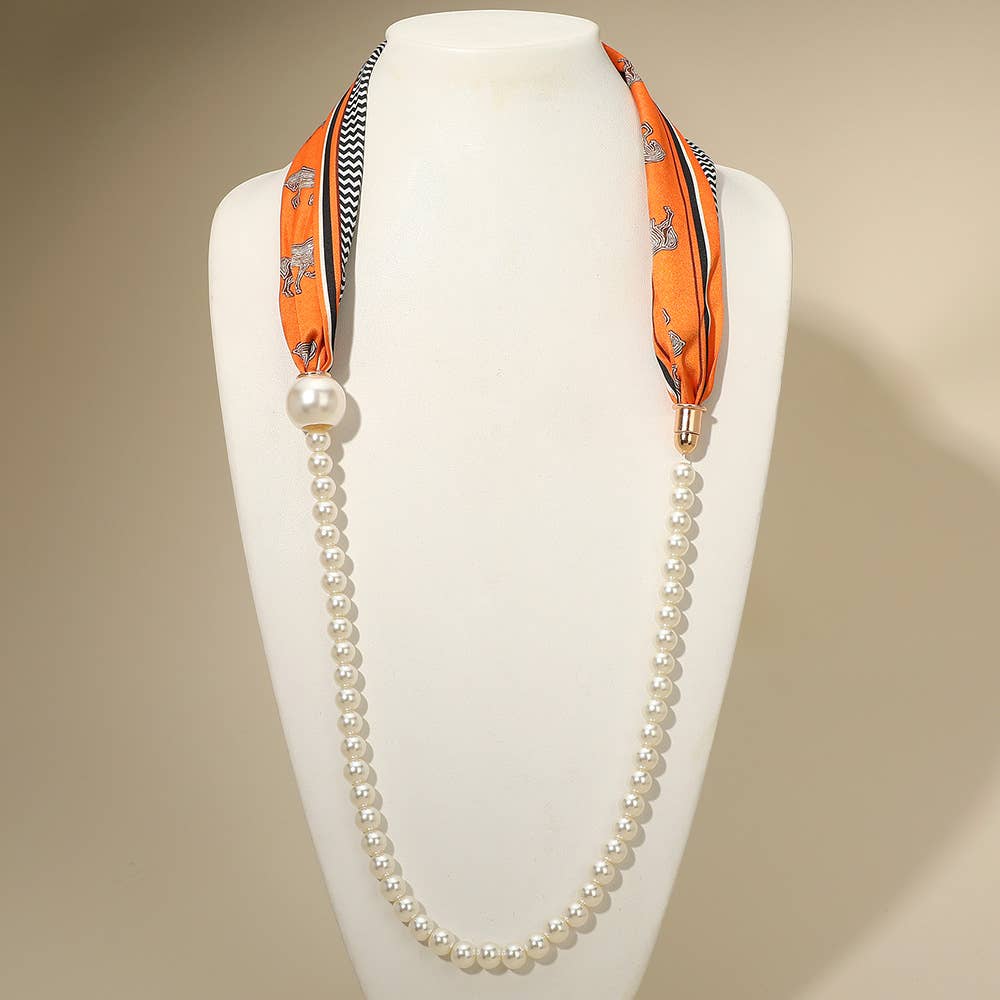 SECRET BOX_Pattern Print Fabric Scarf Pearl Magnetic Necklace