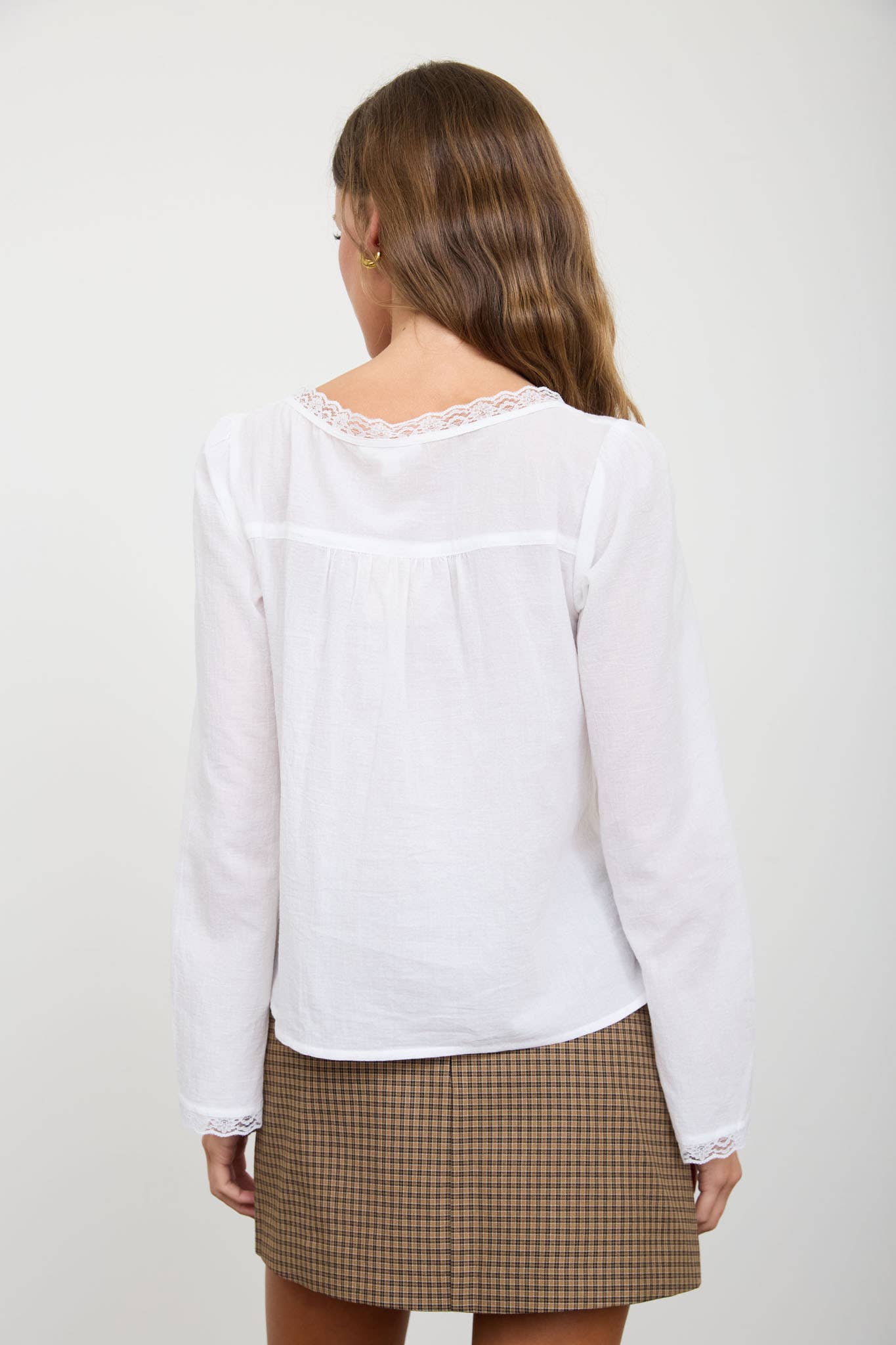 SCOOP NECK FRONT TIE LACE TRIM LONG SLEEVE TOP (PRE-ORDER)
