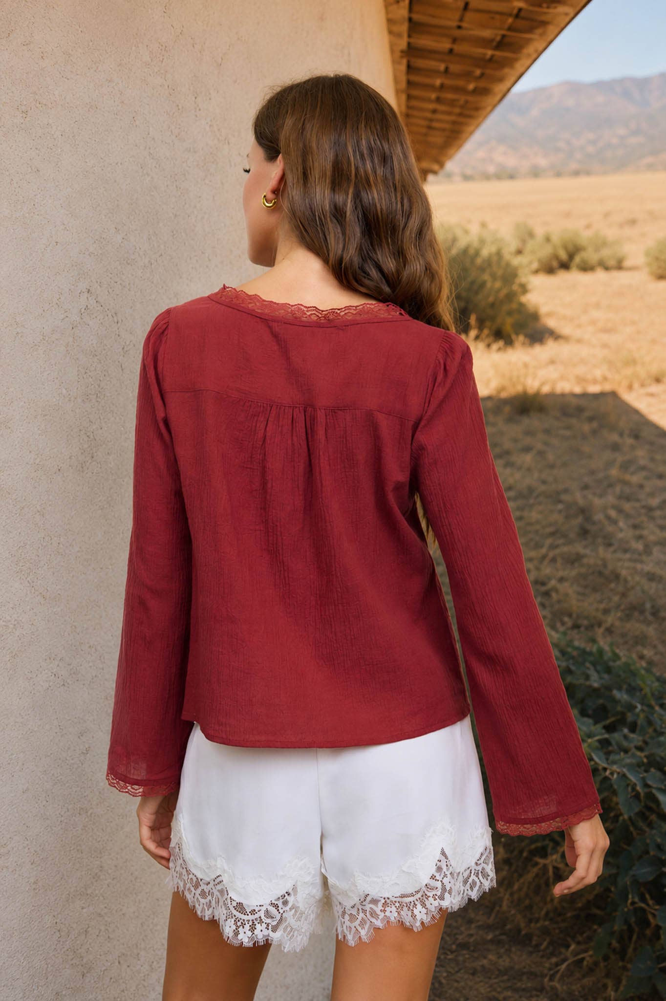 SCOOP NECK FRONT TIE LACE TRIM LONG SLEEVE TOP (PRE-ORDER)