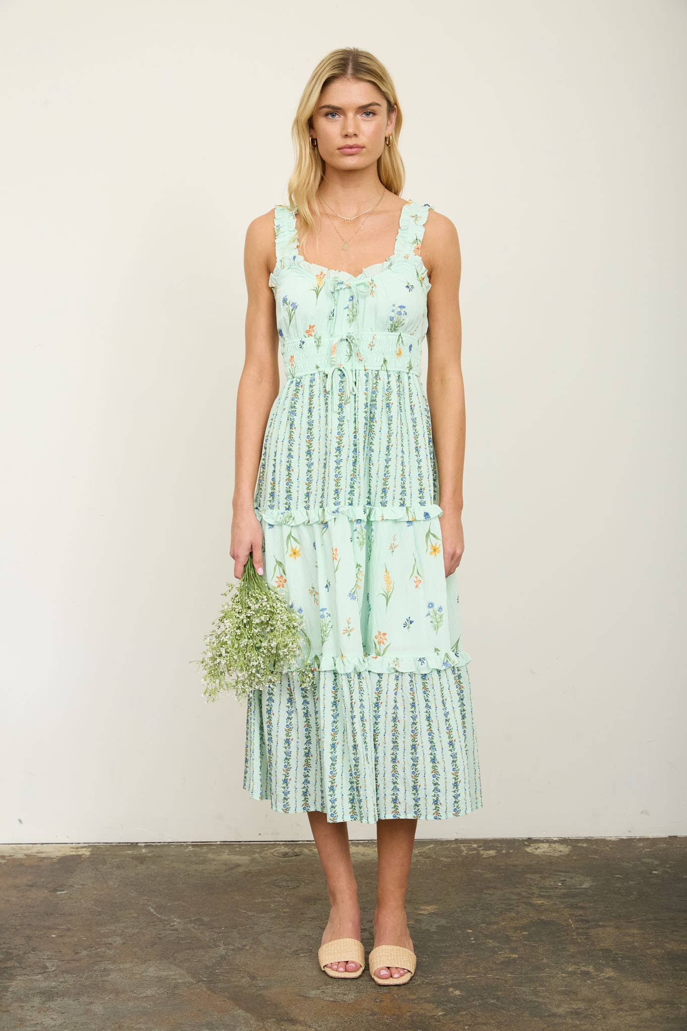 FLORAL COLORBLOCK RUFFLED TIERED MIDI DRESS (PRE-ORDER)