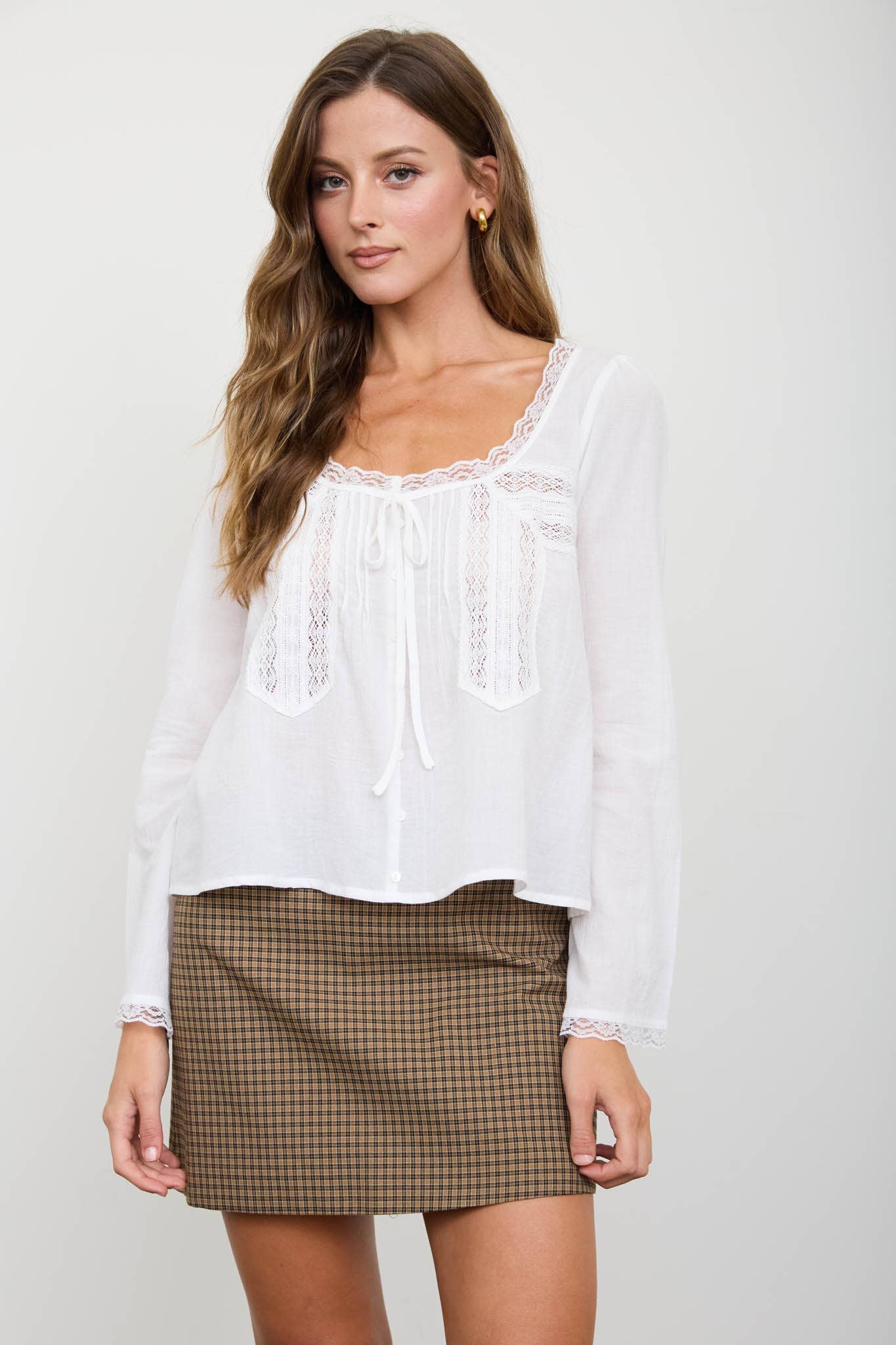 SCOOP NECK FRONT TIE LACE TRIM LONG SLEEVE TOP (PRE-ORDER)
