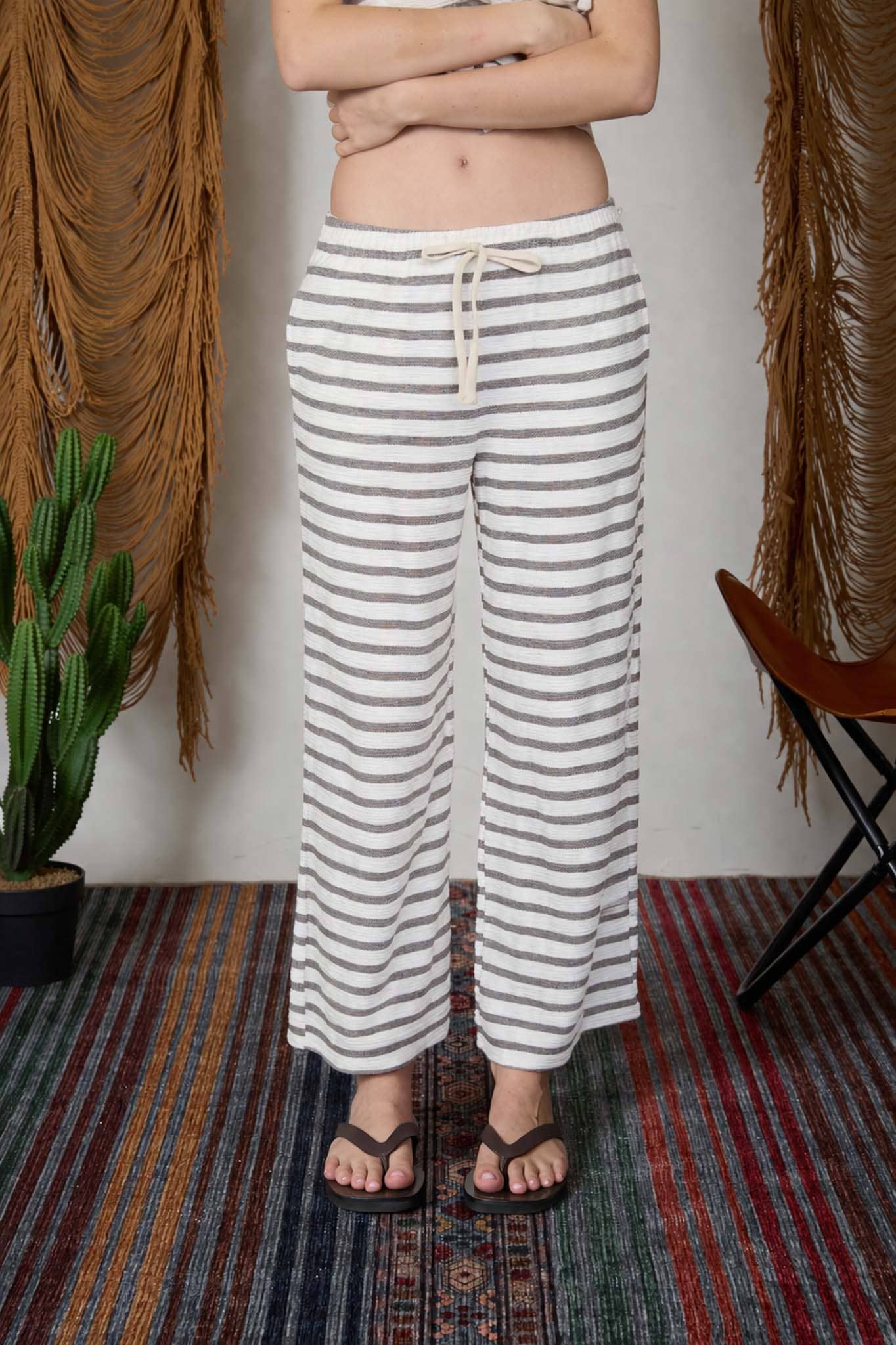 STRIPE DRAWSTRING WIDE LEG KNIT LOUNGE PANTS (PRE-ORDER)