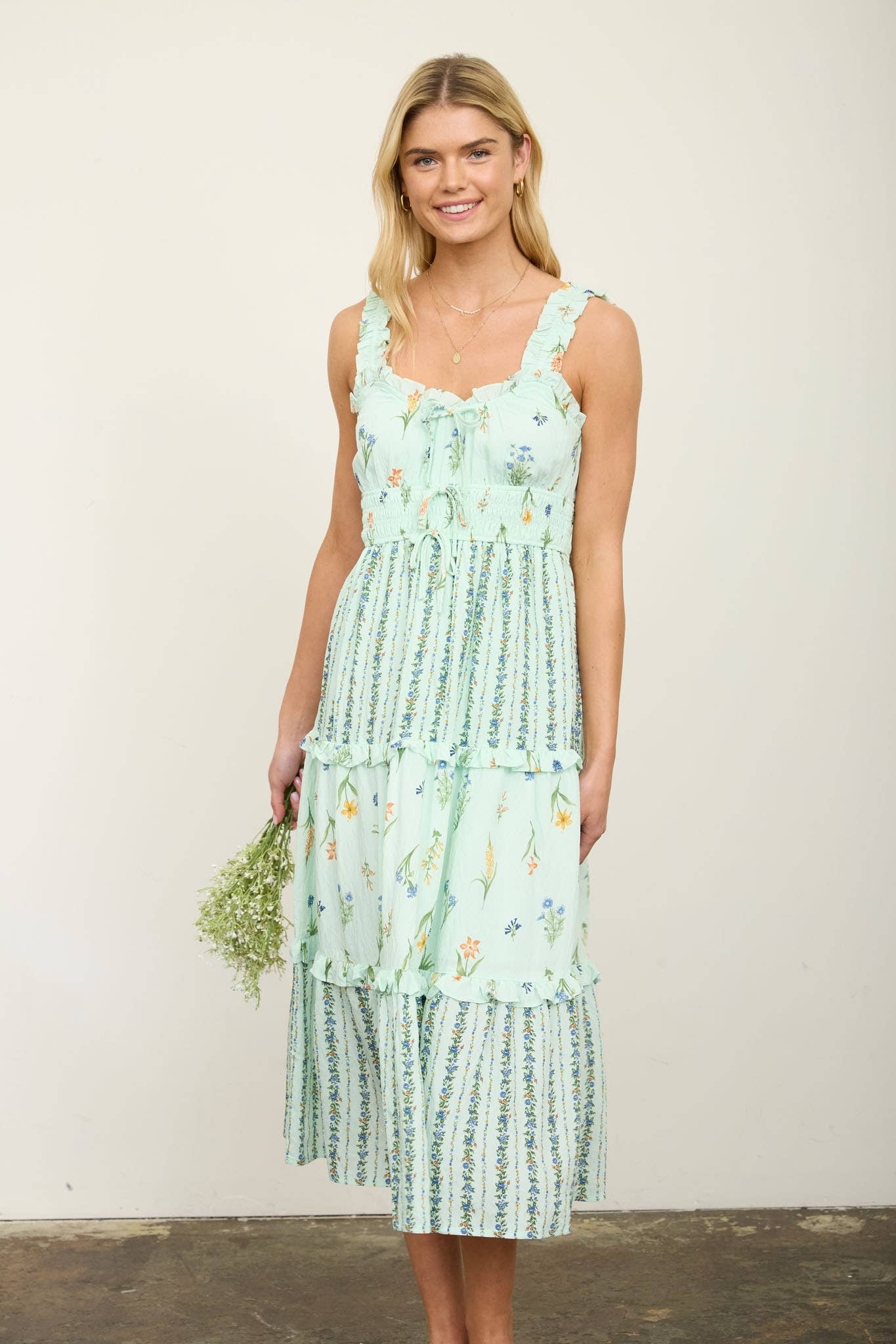 FLORAL COLORBLOCK RUFFLED TIERED MIDI DRESS (PRE-ORDER)