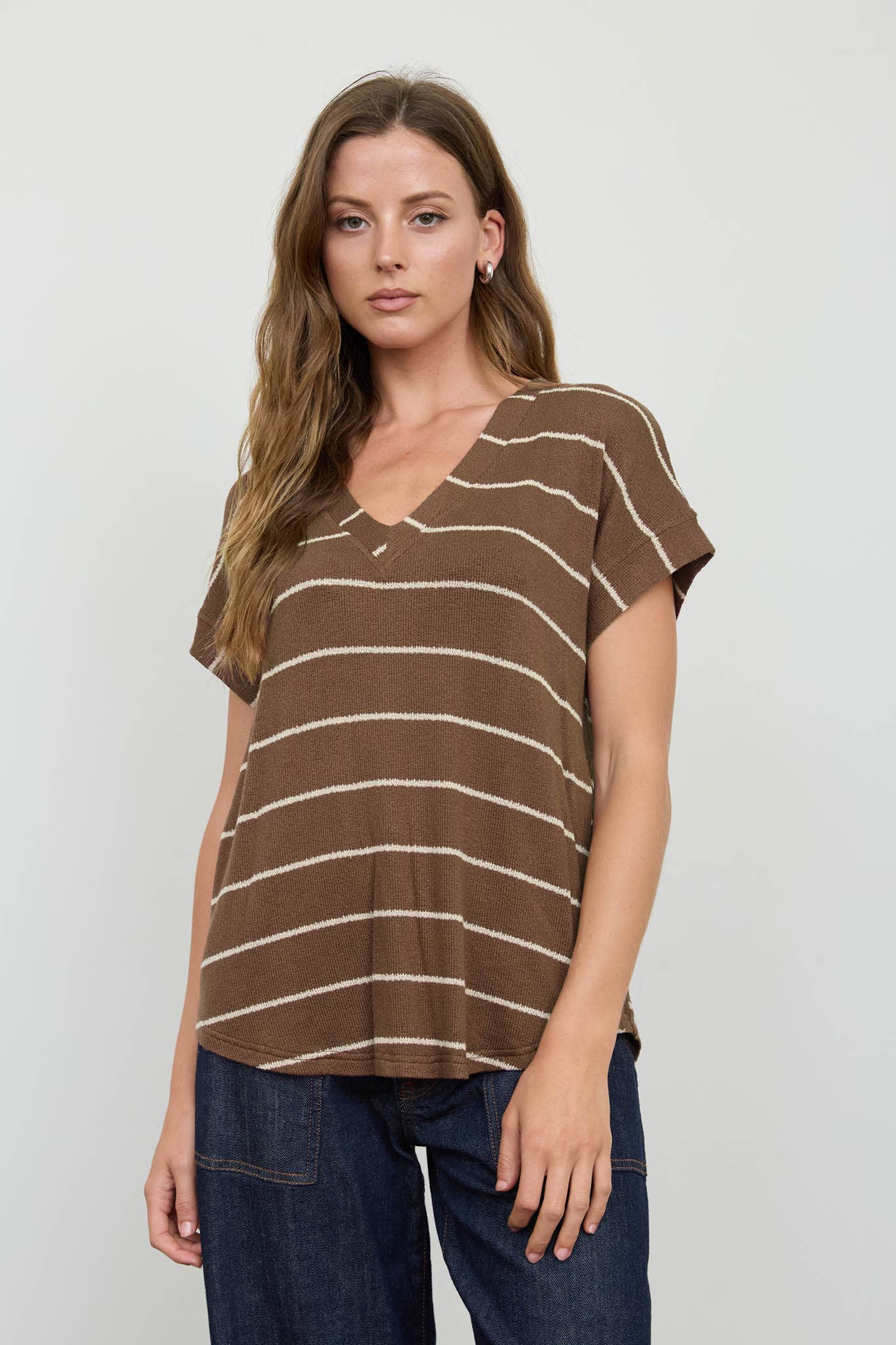STRIPE V NECK CUFFED SLEEVE KNIT TOP