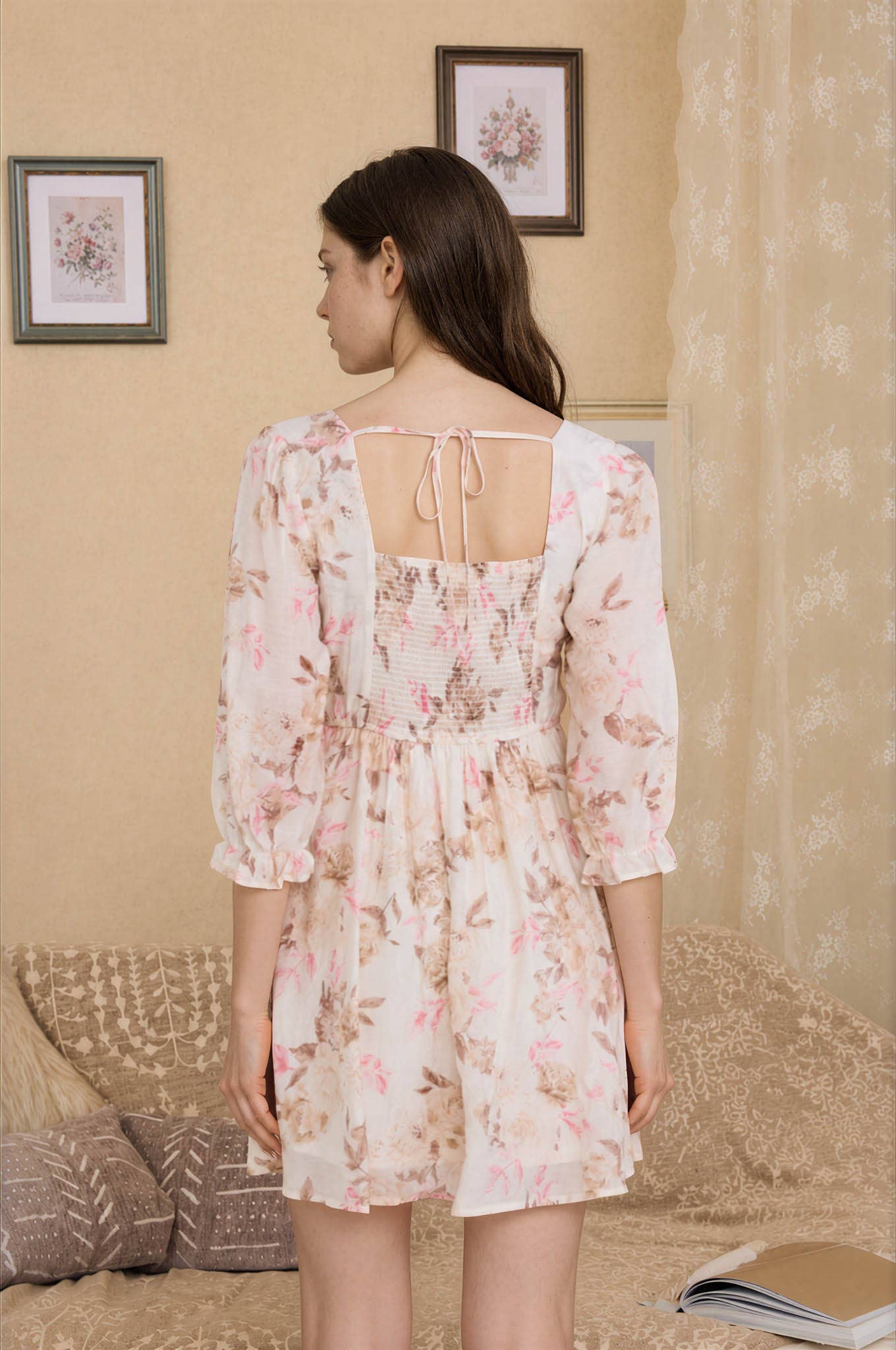 FLORAL SQUARE NECK HALF SLEEVE MINI DRESS