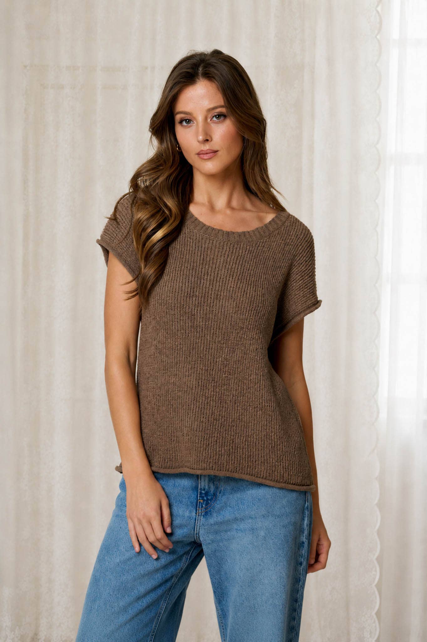 CREW NECK RAW SLEEVE RELAXED SWEATER KNIT TOP