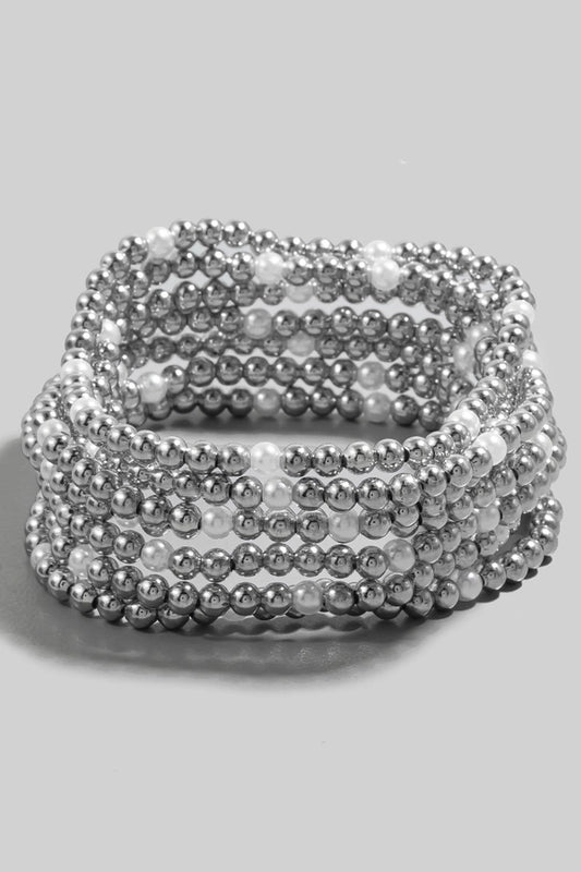 Layered Pearl and Metallic Beaded Bracelet Set
