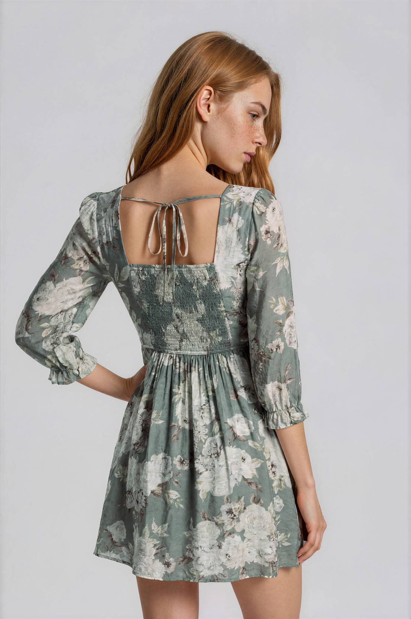 FLORAL SQUARE NECK HALF SLEEVE MINI DRESS
