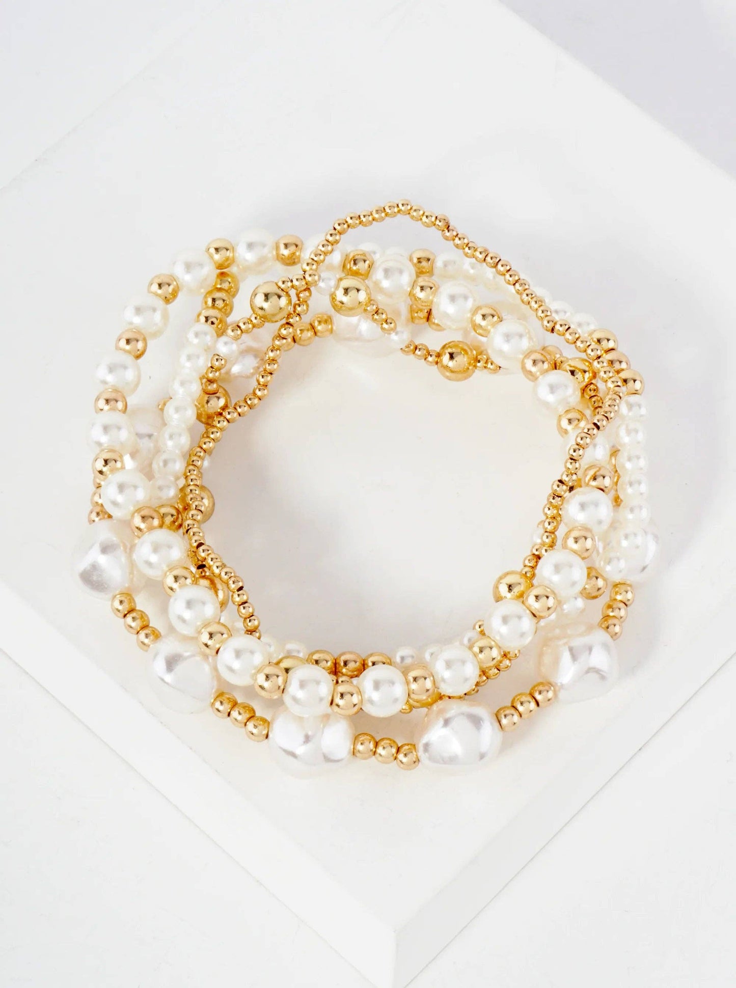 5PC-Set Skinny Metallic Beads Pearls Stackable Stretch Bracelets