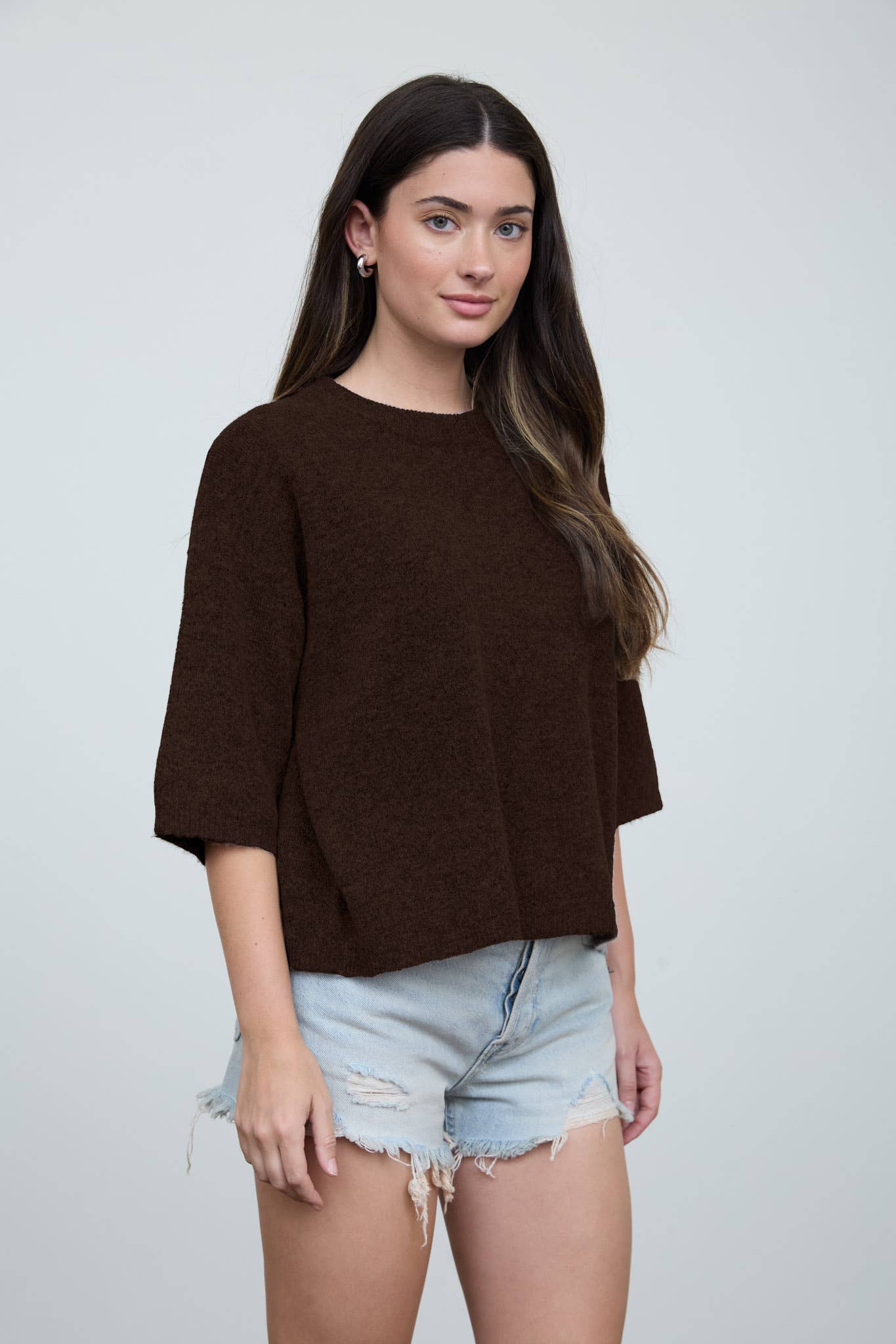 HEATHERED CREW NECK HALF SLEEVE BOXY PULLOVER