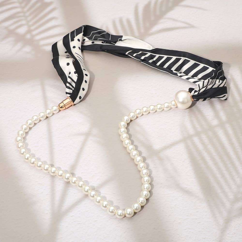 SECRET BOX_Pattern Print Fabric Scarf Pearl Magnetic Necklace