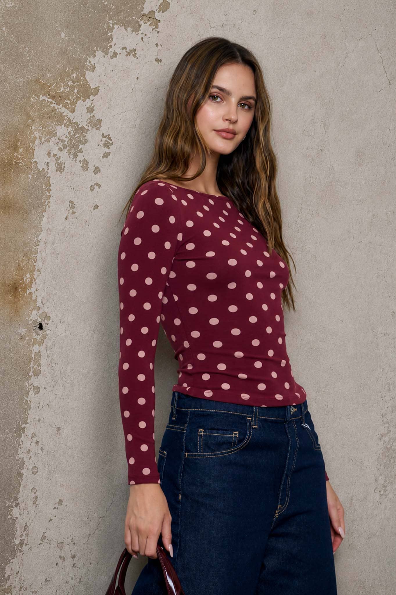 POLKA DOT BOAT NECK LONG SLEEVE KNIT TOP