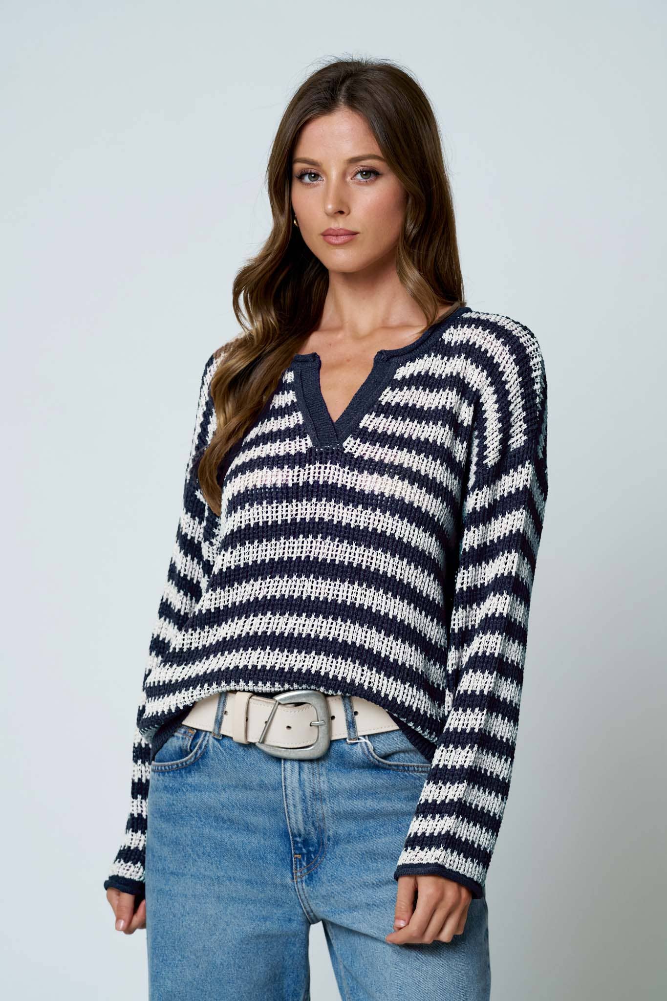 STRIPE RAW EDGE SPLIT NECK SHEER KNIT SWEATER