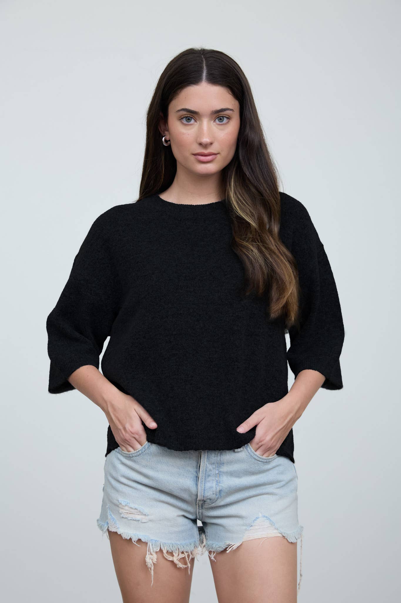HEATHERED CREW NECK HALF SLEEVE BOXY PULLOVER