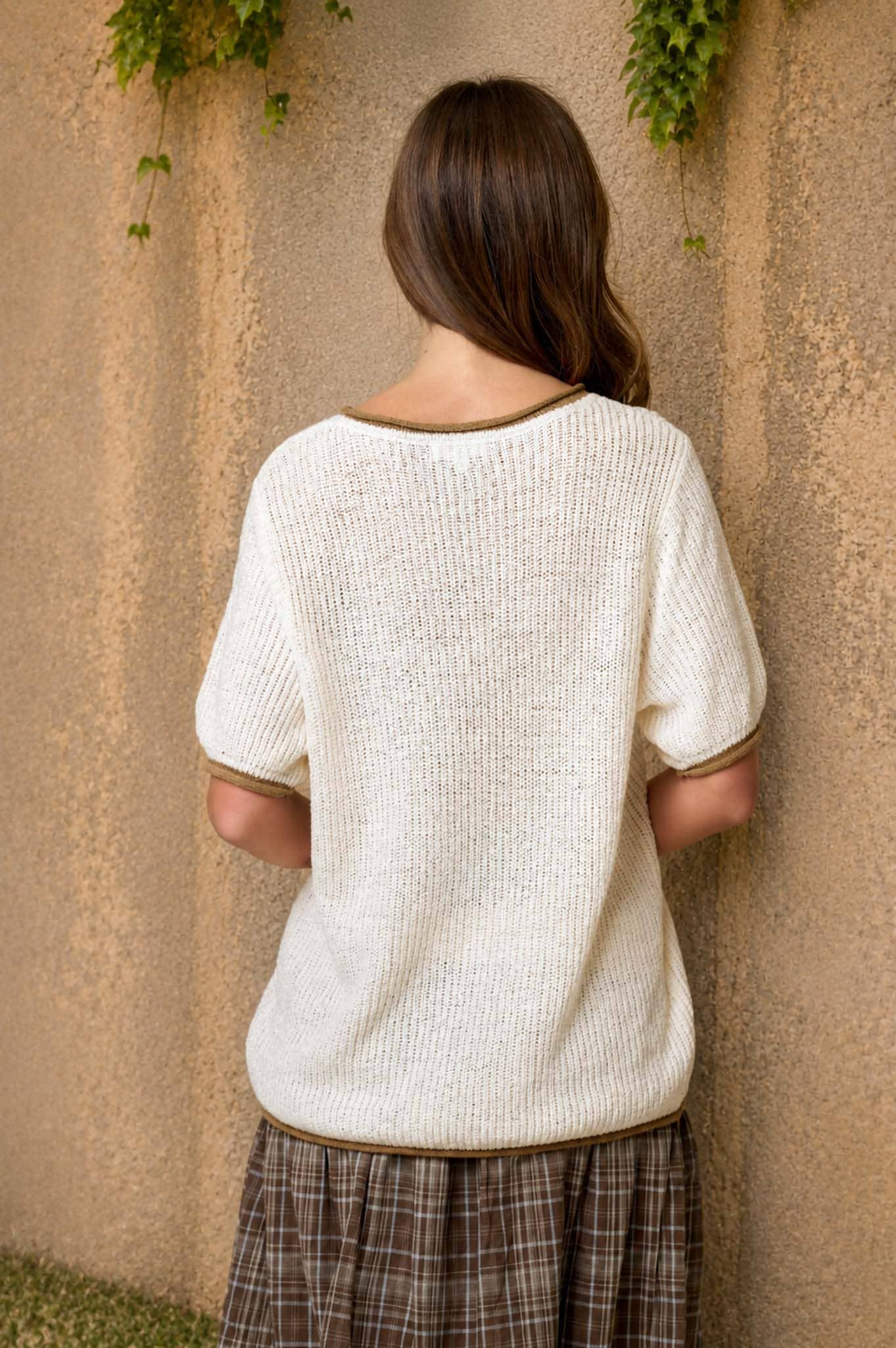 CONTEST TRIM PUFF SLEEVE RIBBED KNIT SWEATER