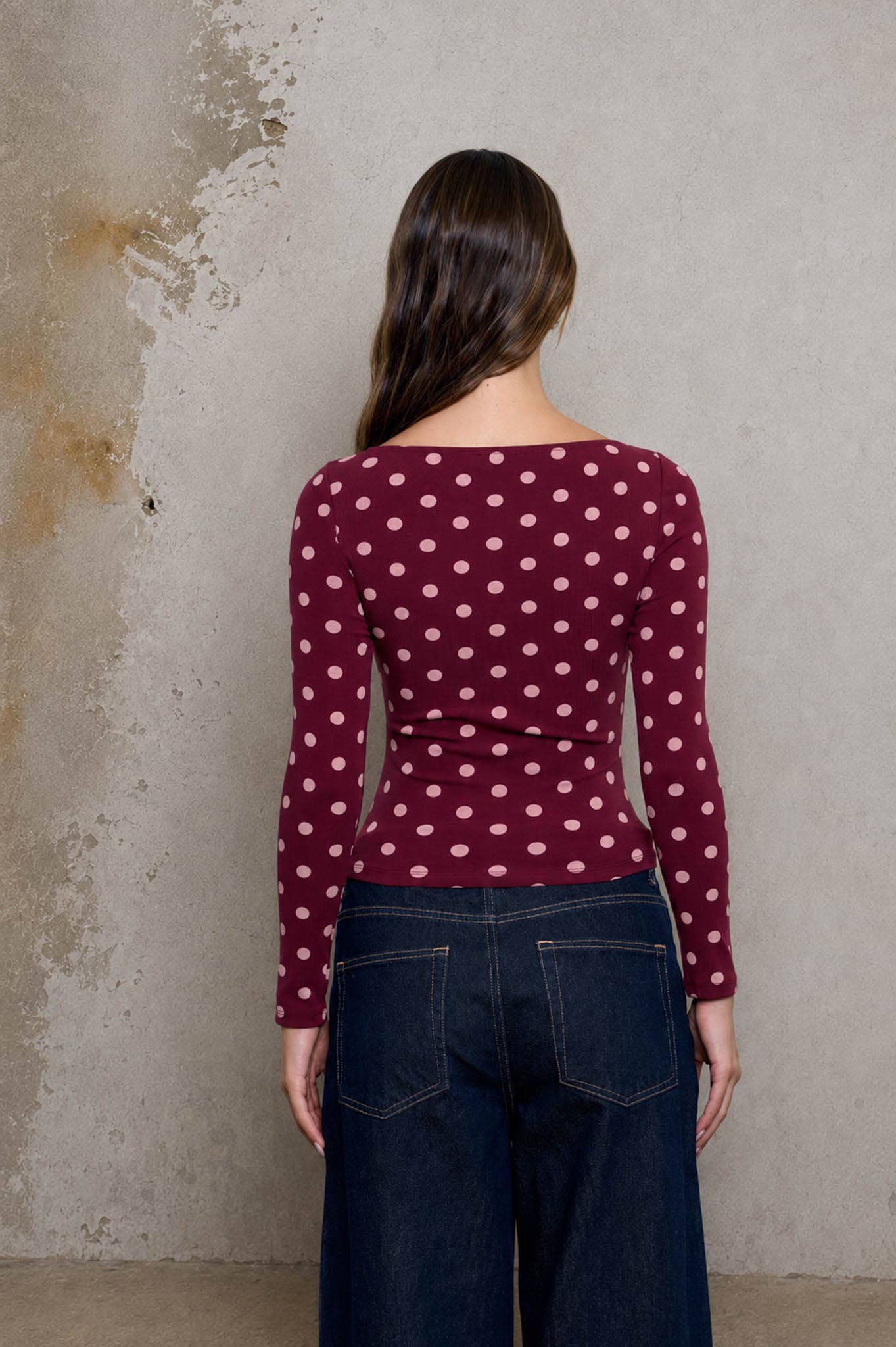 POLKA DOT BOAT NECK LONG SLEEVE KNIT TOP