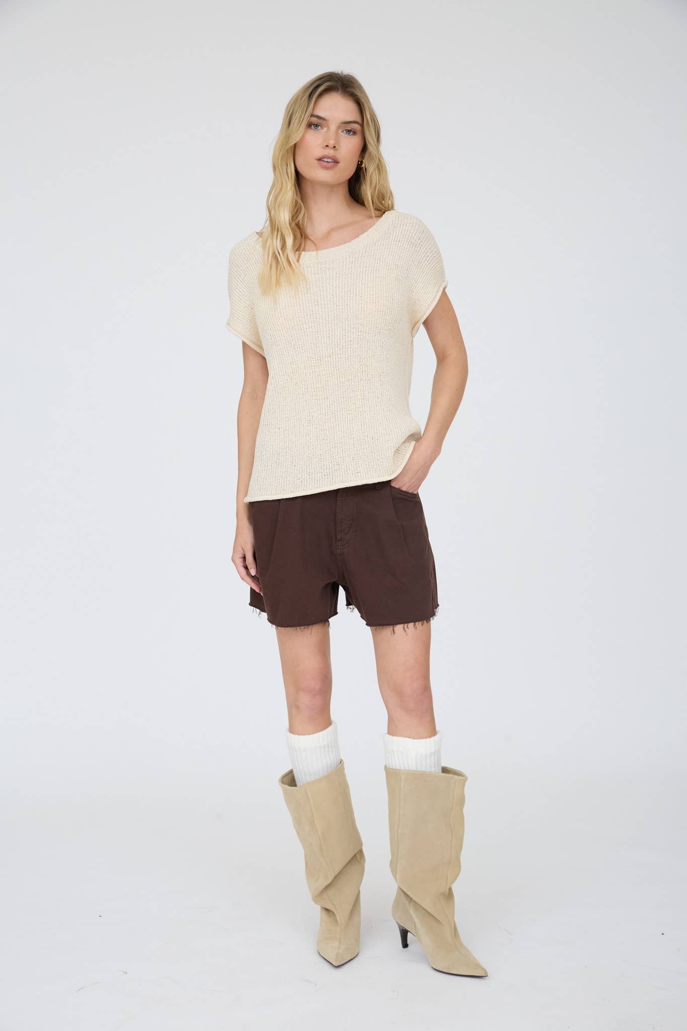 CREW NECK RAW SLEEVE RELAXED SWEATER KNIT TOP