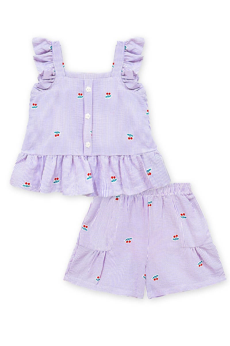 GKSS-Q26-38431B Girl's 2pc Stripe Short Set w/ Cherry Print