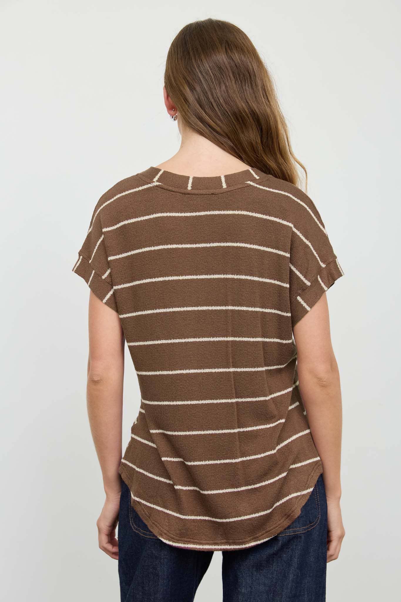 STRIPE V NECK CUFFED SLEEVE KNIT TOP
