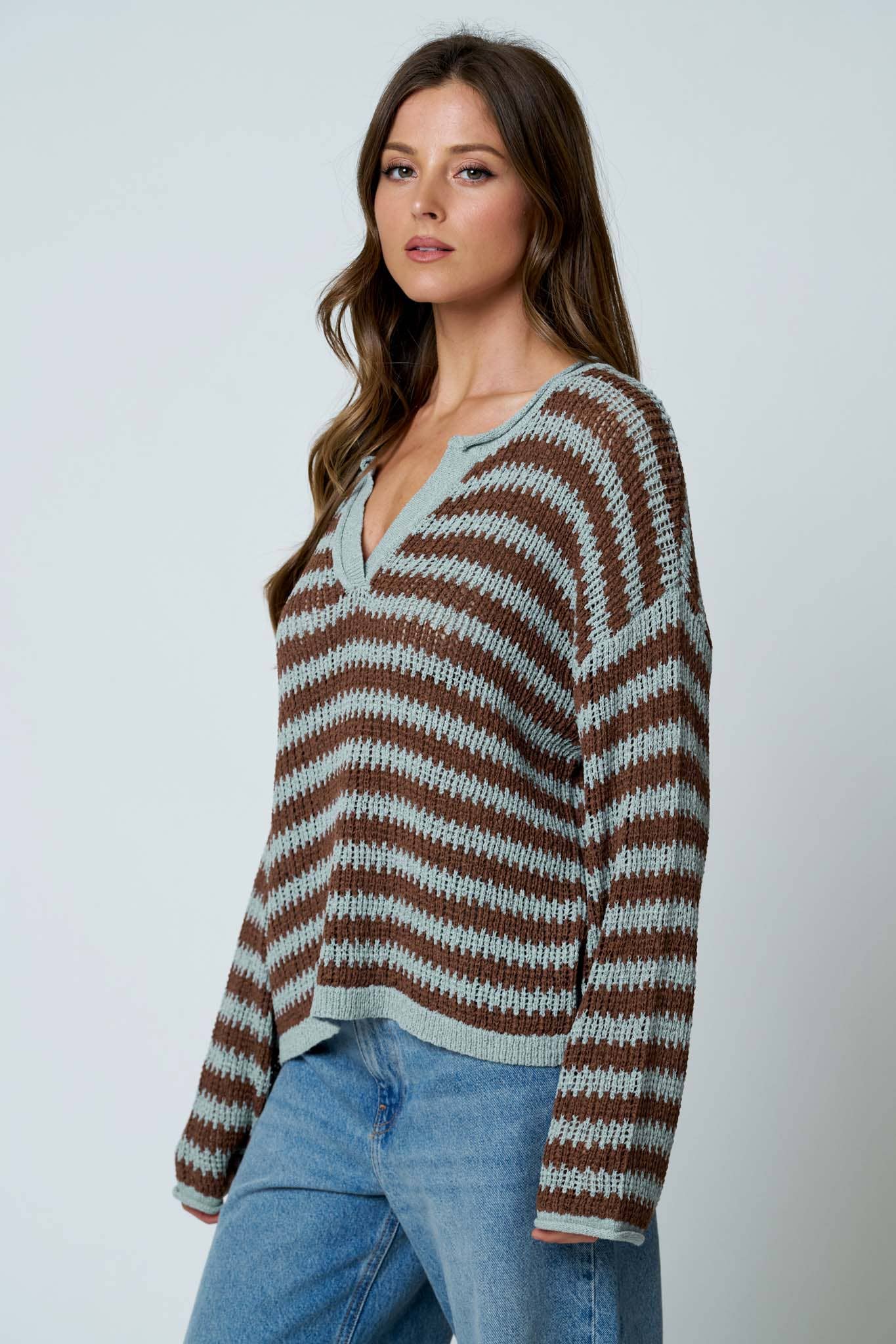 STRIPE RAW EDGE SPLIT NECK SHEER KNIT SWEATER