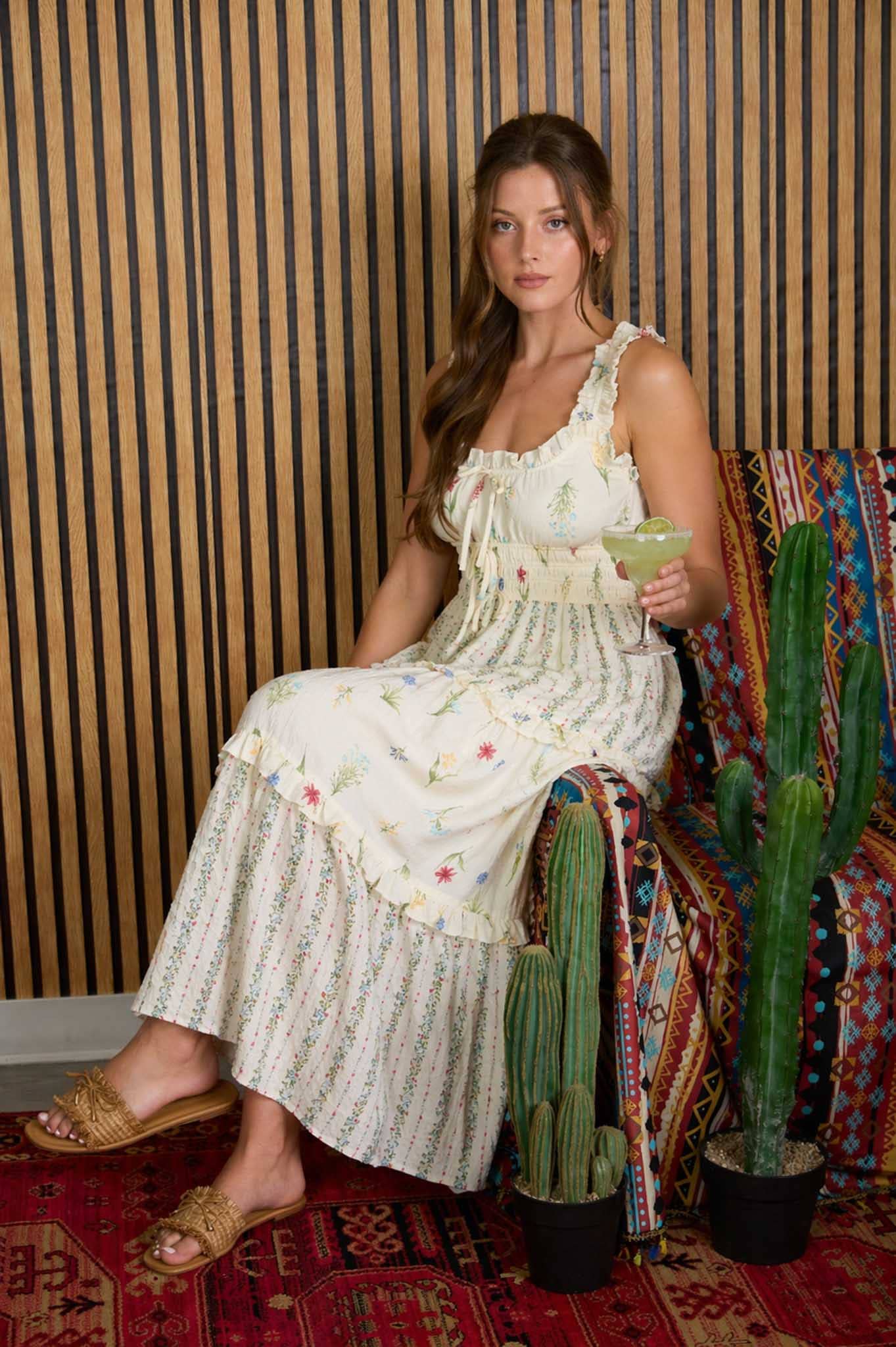 FLORAL COLORBLOCK RUFFLED TIERED MIDI DRESS (PRE-ORDER)
