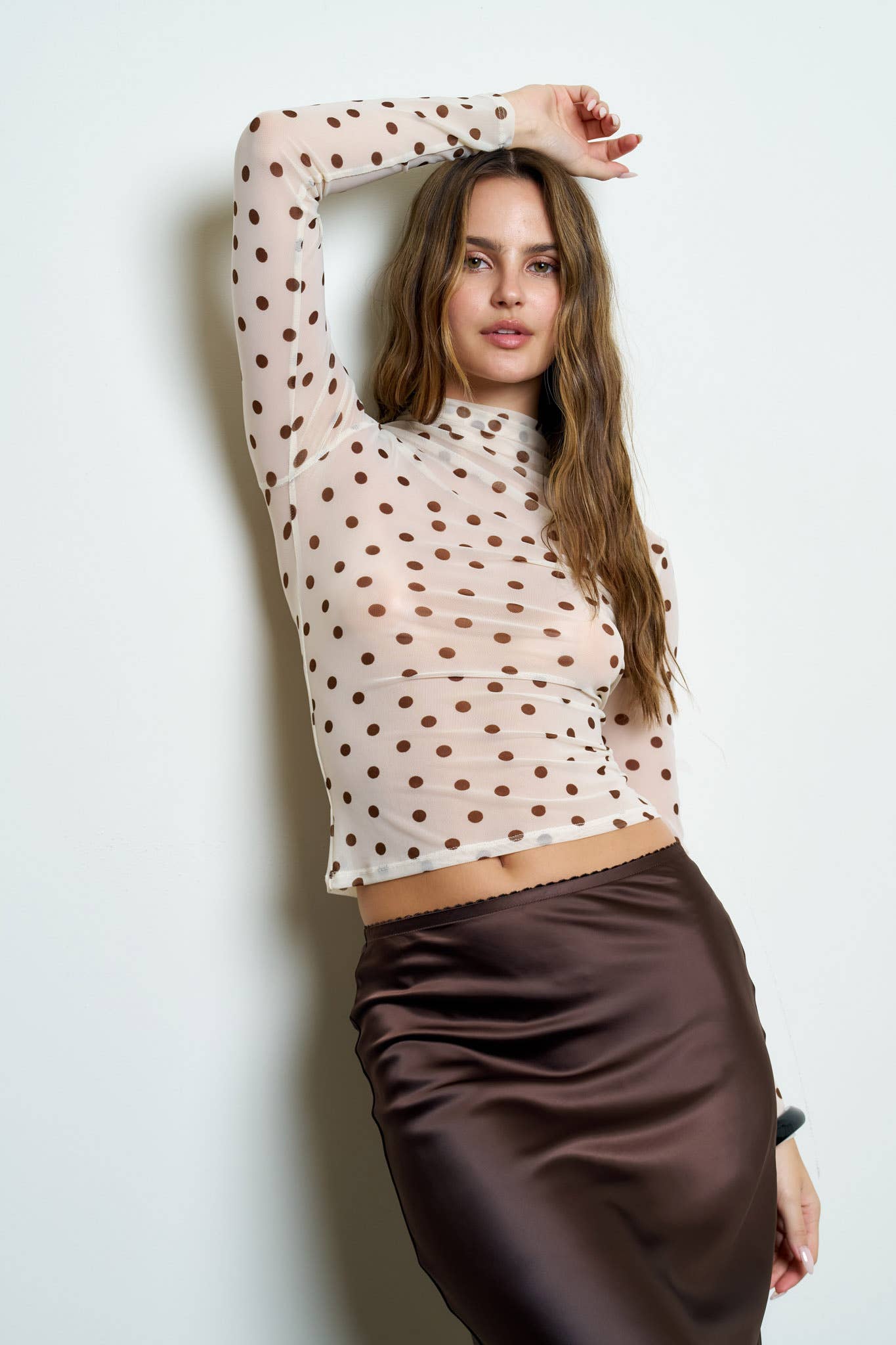 POLKA DOT MESH MOCK NECK LONG SLEEVE KNIT TOP