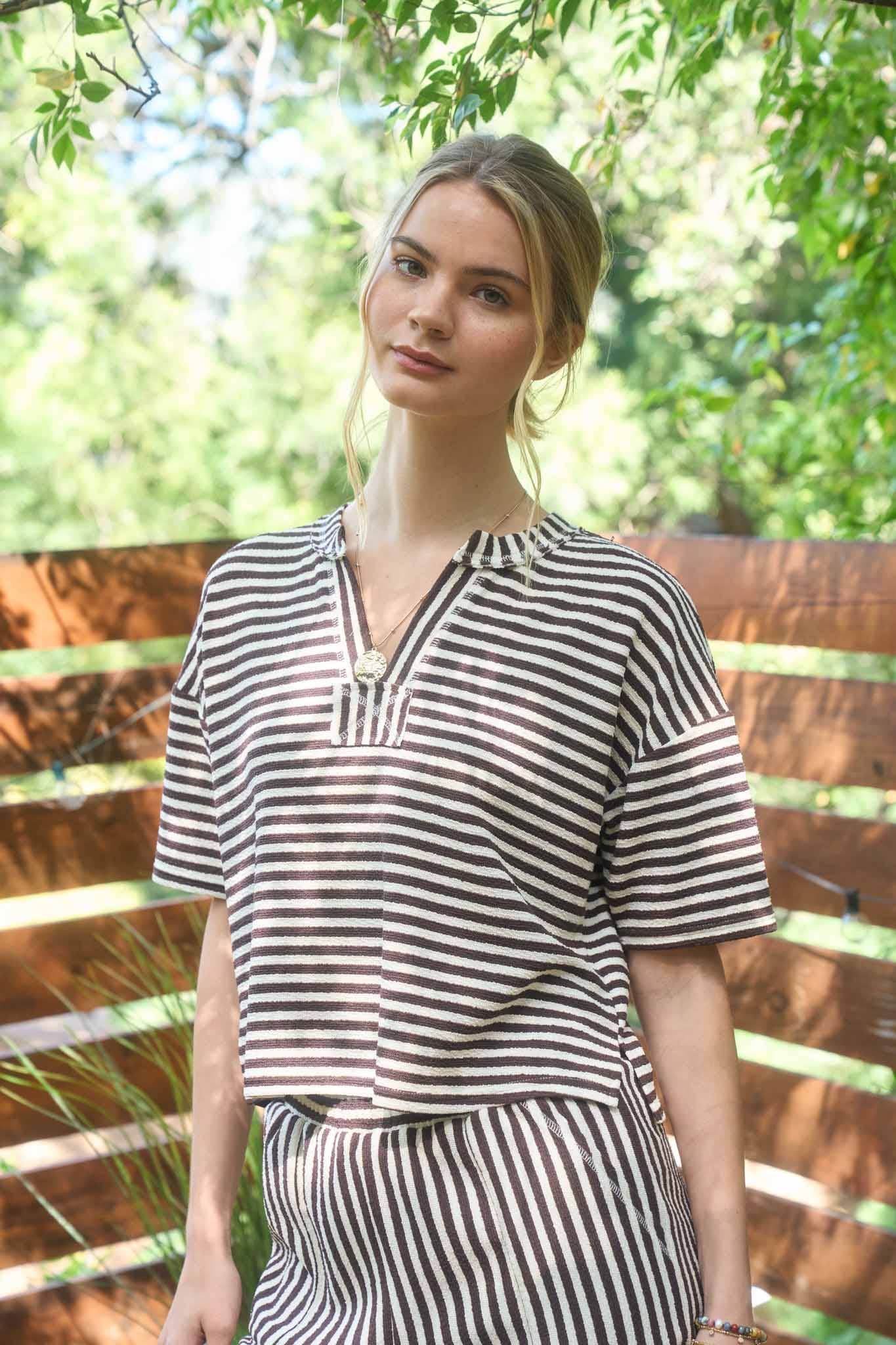 STRIPE SHORT SLEEVE DROP SHOULDER BOXY KNIT TOP
