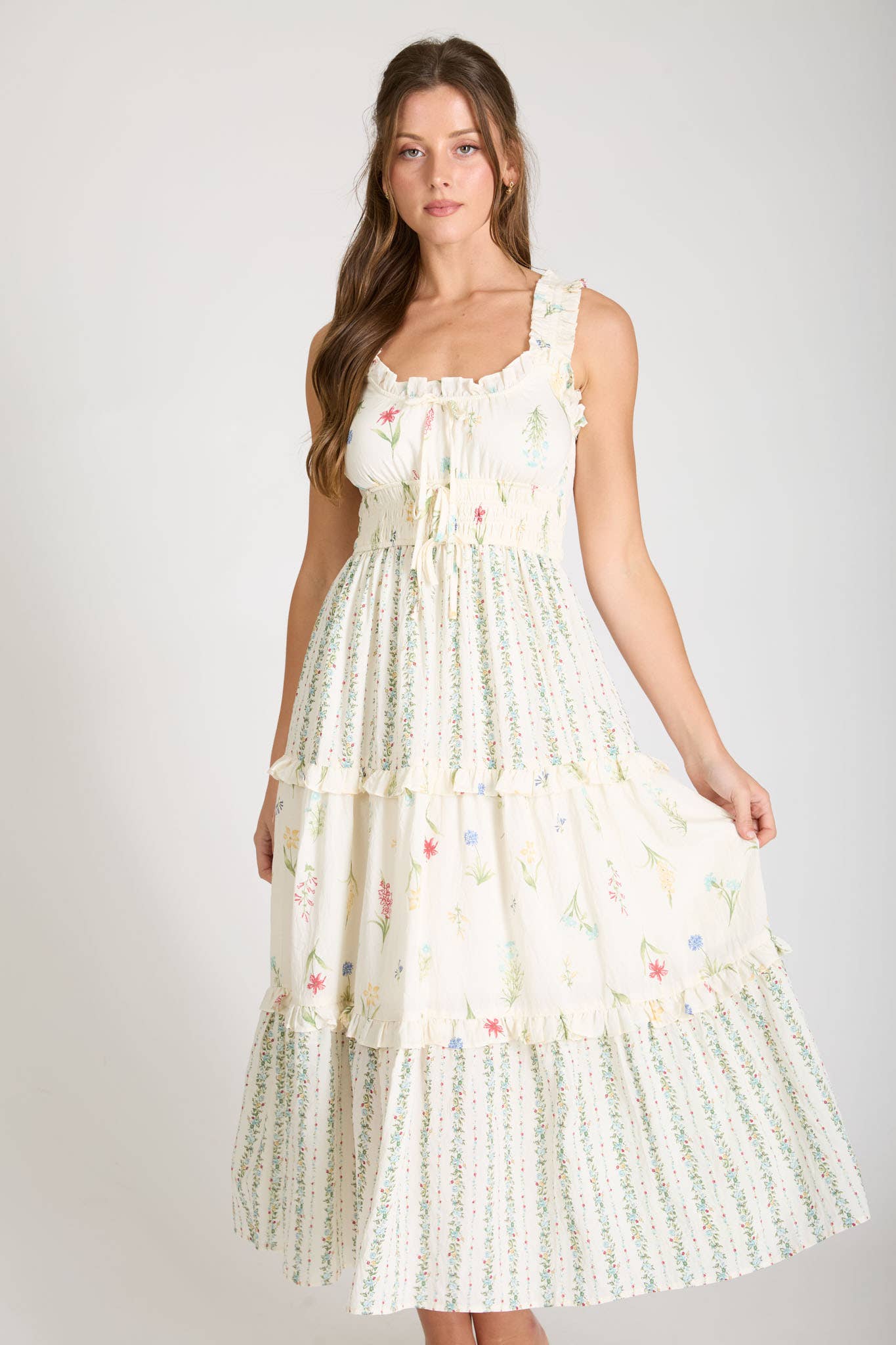 FLORAL COLORBLOCK RUFFLED TIERED MIDI DRESS (PRE-ORDER)
