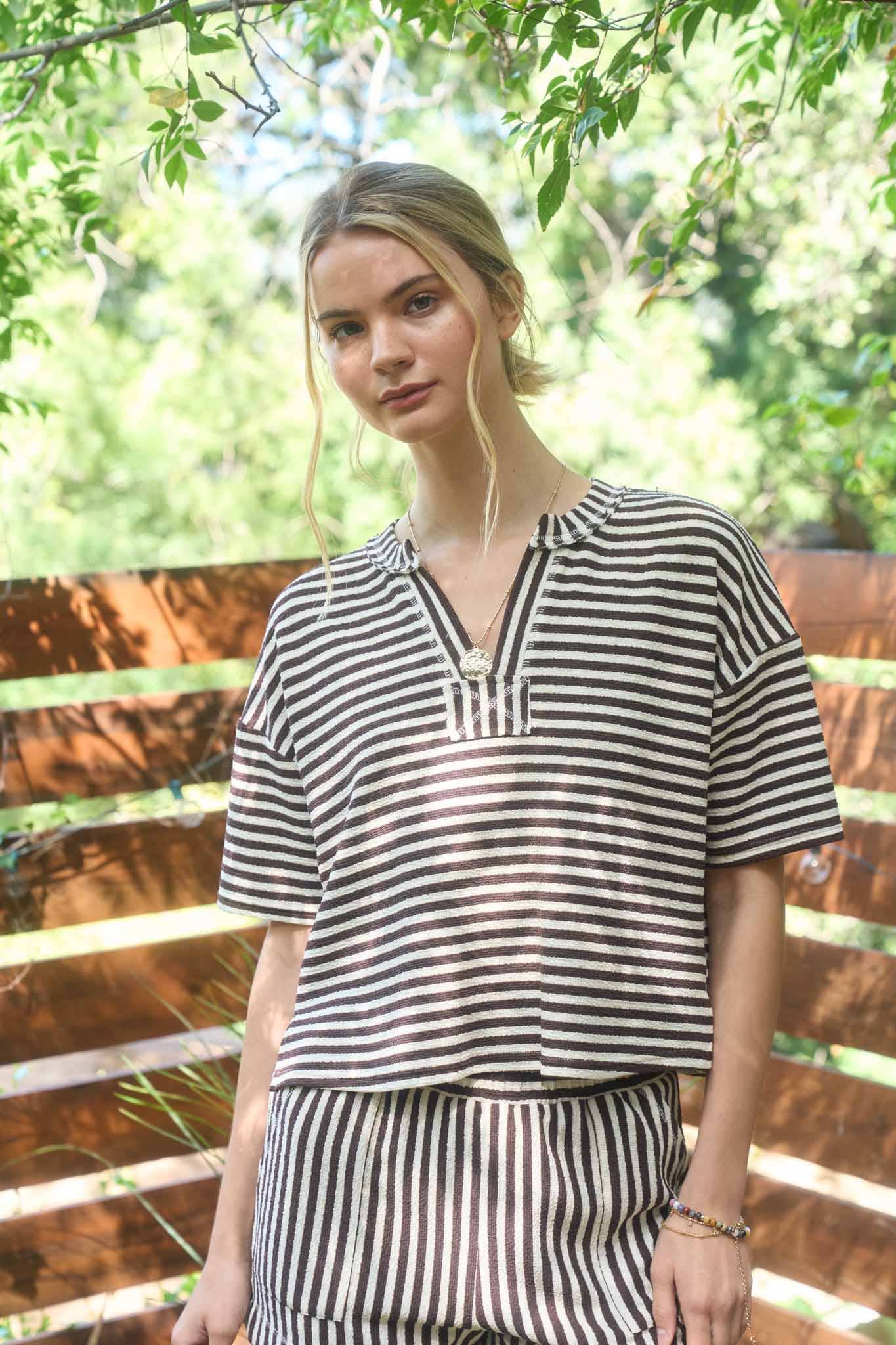 STRIPE SHORT SLEEVE DROP SHOULDER BOXY KNIT TOP