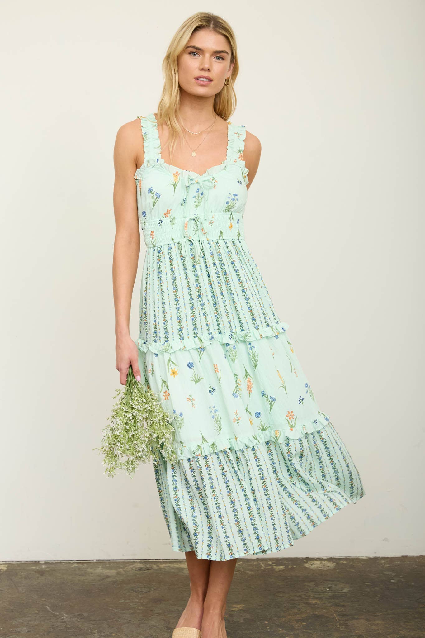 FLORAL COLORBLOCK RUFFLED TIERED MIDI DRESS (PRE-ORDER)