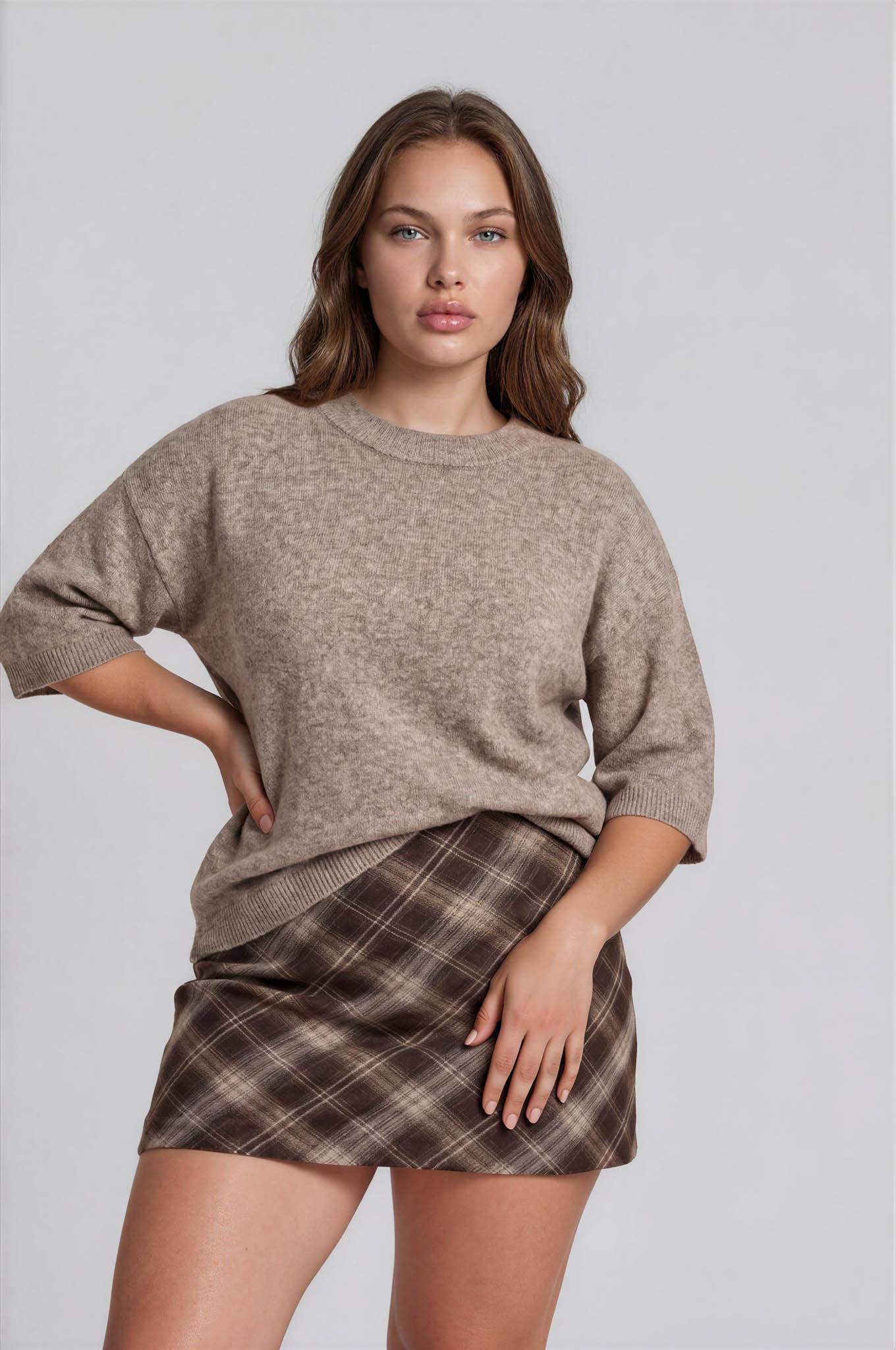 PLUS HEATHERED CREW NECK HALF SLEEVE BOXY PULLOVER