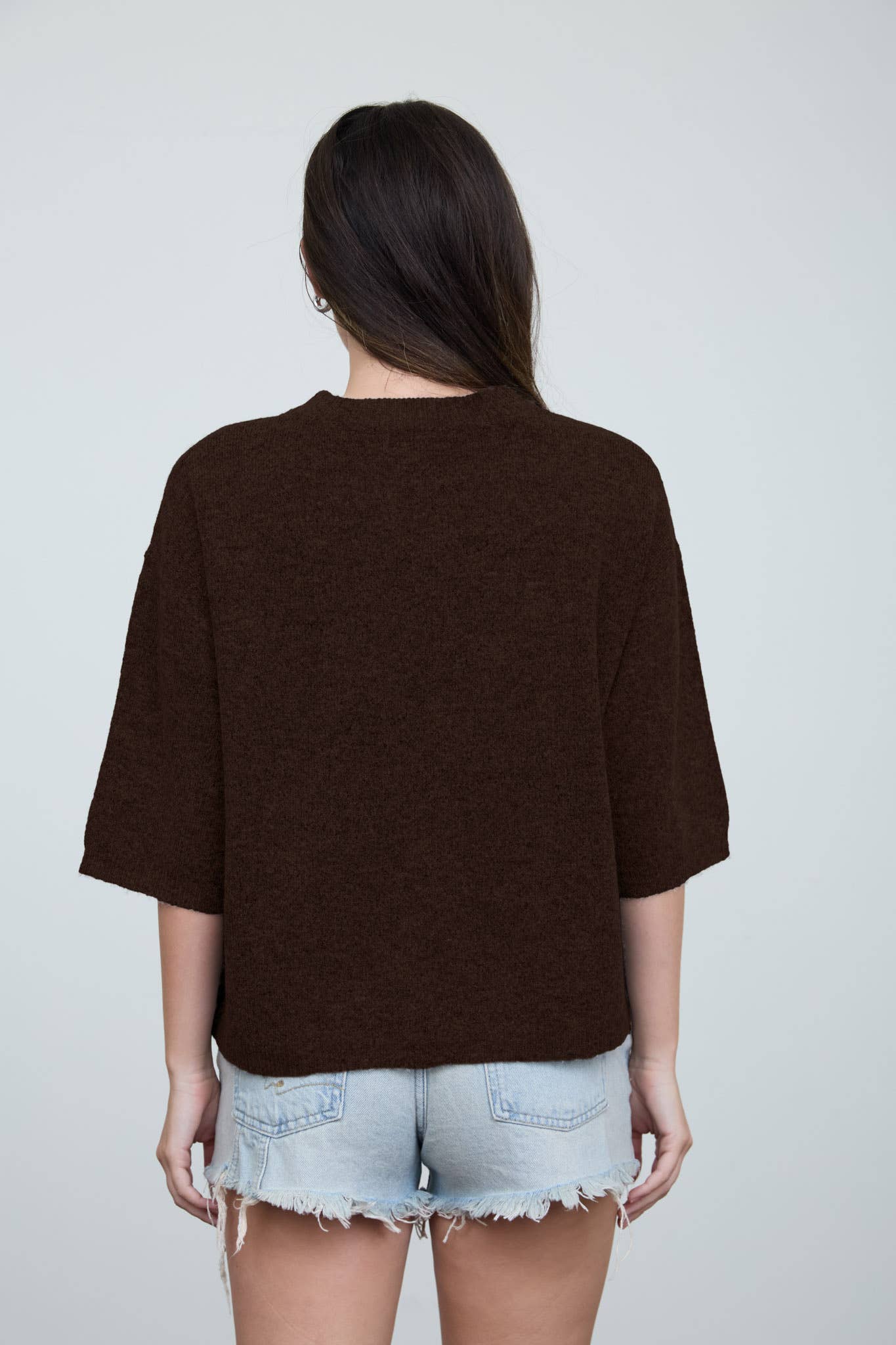 HEATHERED CREW NECK HALF SLEEVE BOXY PULLOVER
