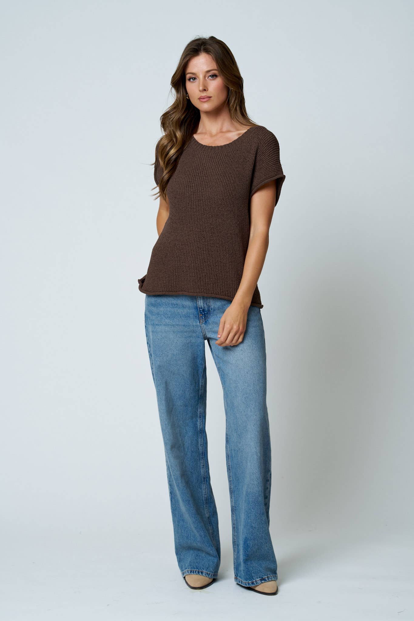 CREW NECK RAW SLEEVE RELAXED SWEATER KNIT TOP