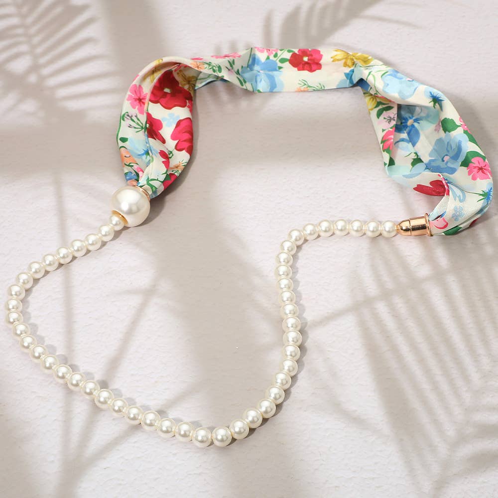 SECRET BOX_Pattern Print Fabric Scarf Pearl Magnetic Necklace