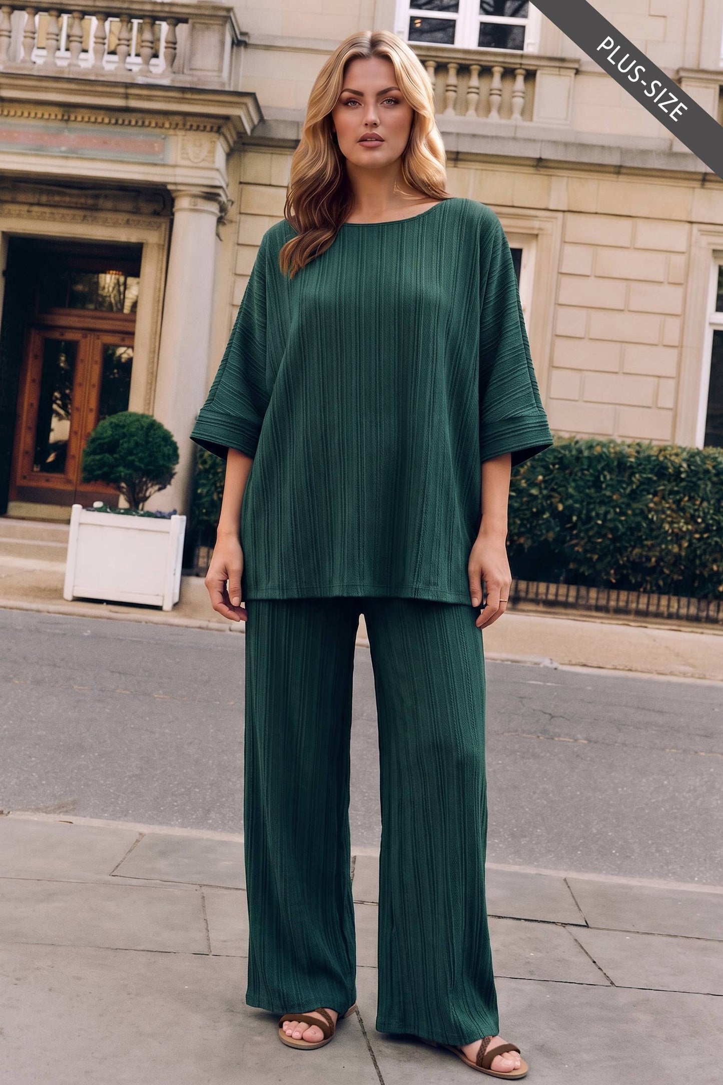 PLUS SIZE 2-Piece Textured Dolman Sleeve + Relaxed Bottoms