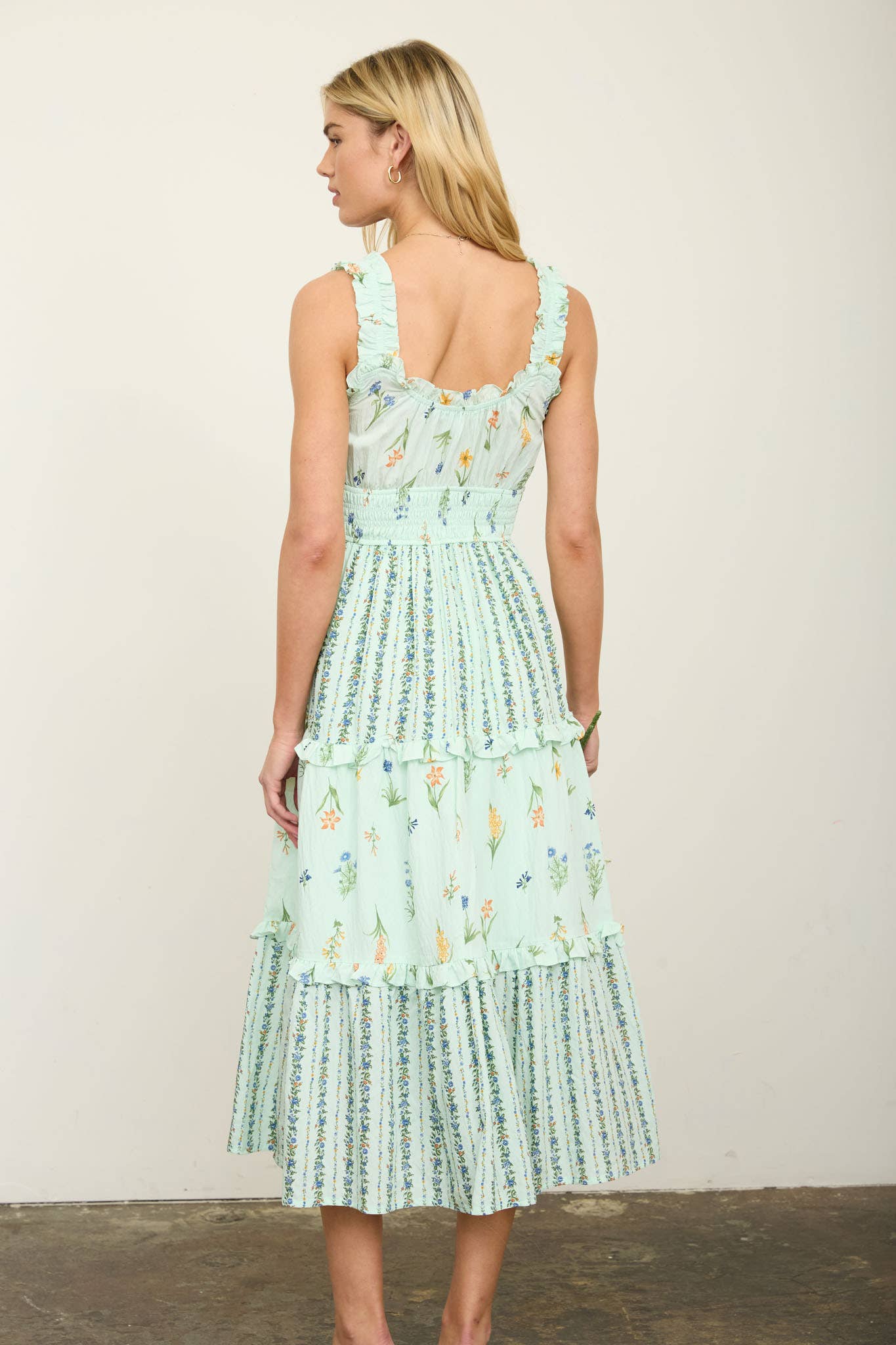 FLORAL COLORBLOCK RUFFLED TIERED MIDI DRESS (PRE-ORDER)